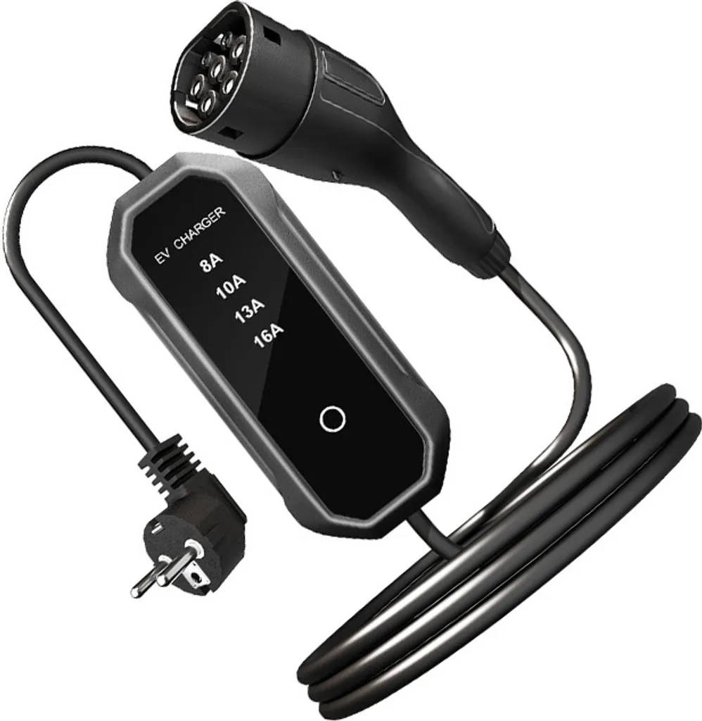 Schwarzes Elektroauto-Ladekabel mit Kontrollbox, Schukostecker und Typ-2-Stecker auf weißem Hintergrund.