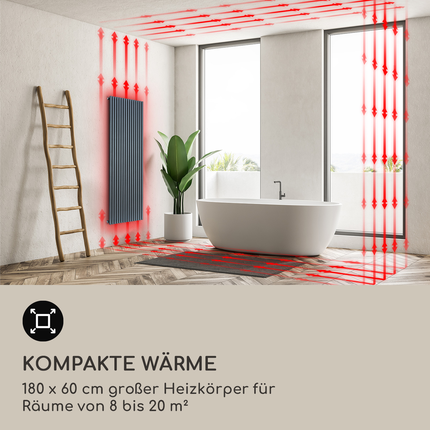Ein modernes Badezimmer mit Badewanne, Pflanze, Leiter und vertikalem Heizkörper mit roten Wärmestrahlen.