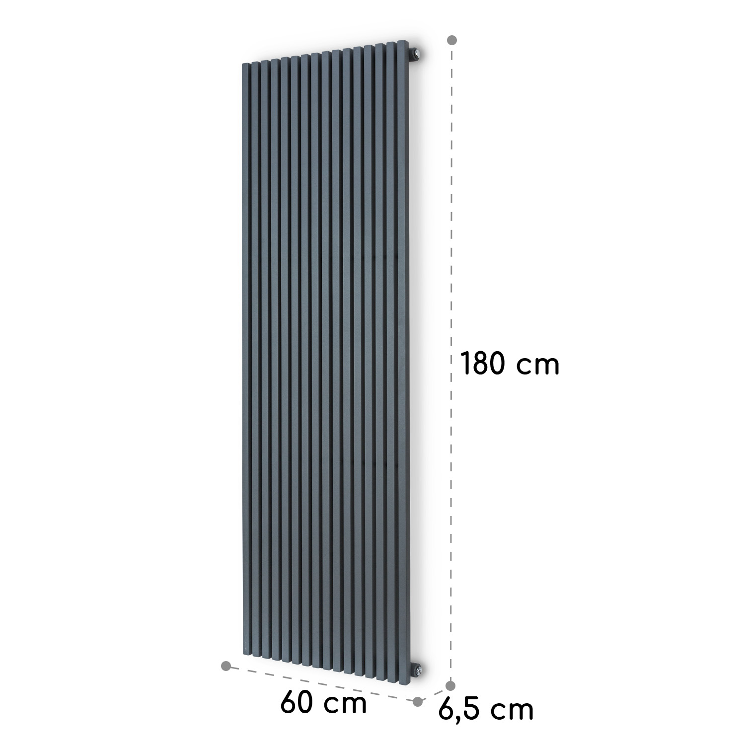 Dunkelgrauer Design-Heizkörper mit Abmessungen von 180 cm Höhe, 60 cm Breite und 6,5 cm Tiefe.