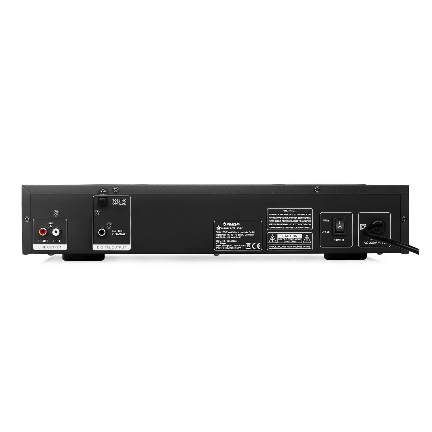 Rückseite eines schwarzen Audiogeräts mit RCA-Line-Ausgängen, digitalem Ausgang, Warnschildern, Netzschalter und Netzkabel.