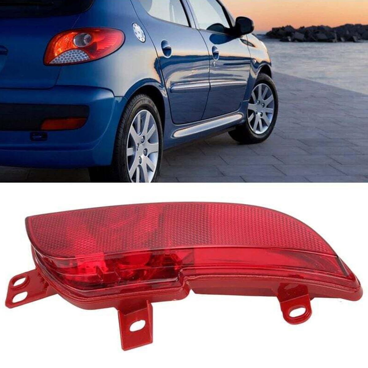 Ein roter Stoßstangenreflektor vor weißem Hintergrund, kombiniert mit einem blauen Auto am Wasser.