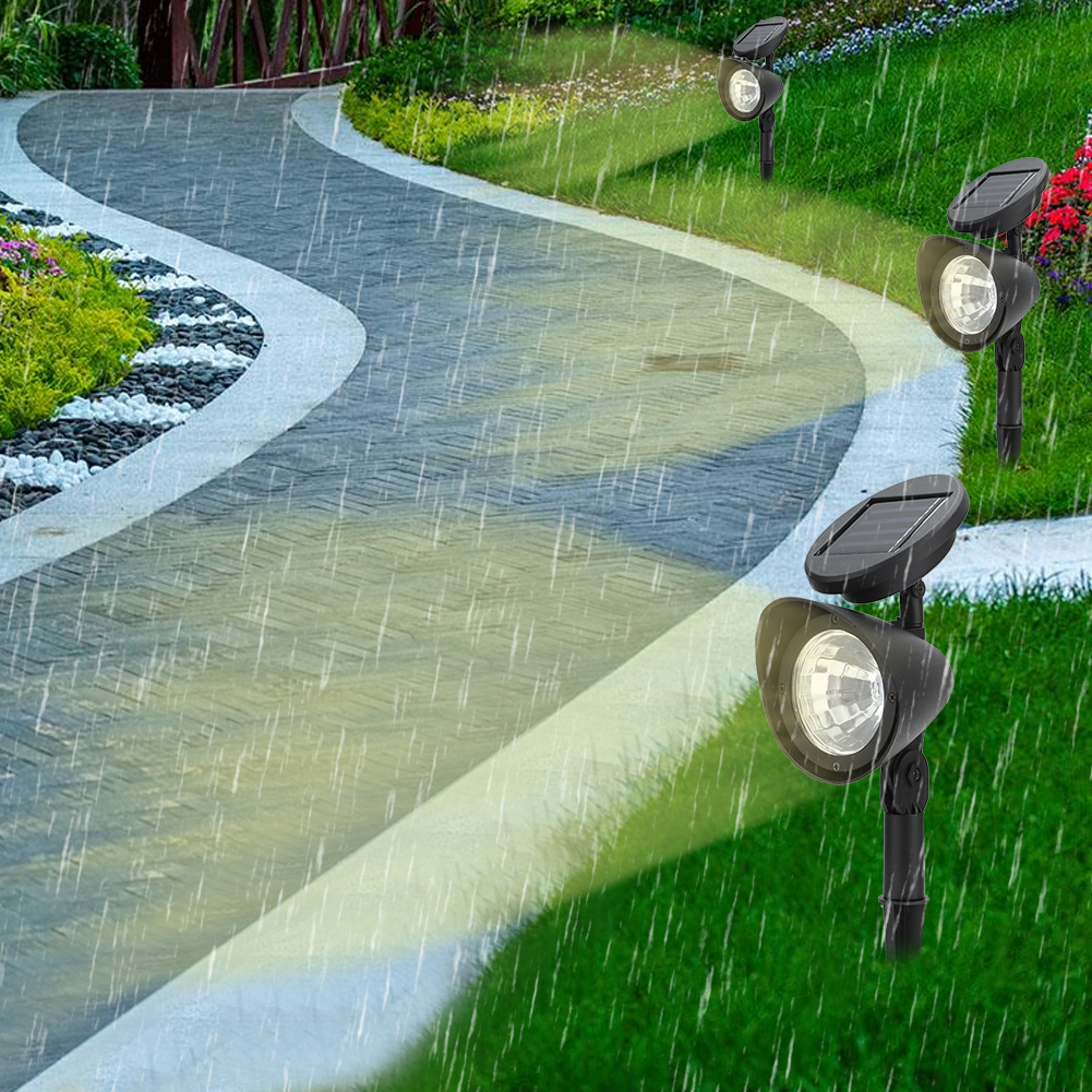 Solar-Gartenleuchten beleuchten bei Regen einen geschwungenen Steinweg im grünen Rasen mit Blumen.