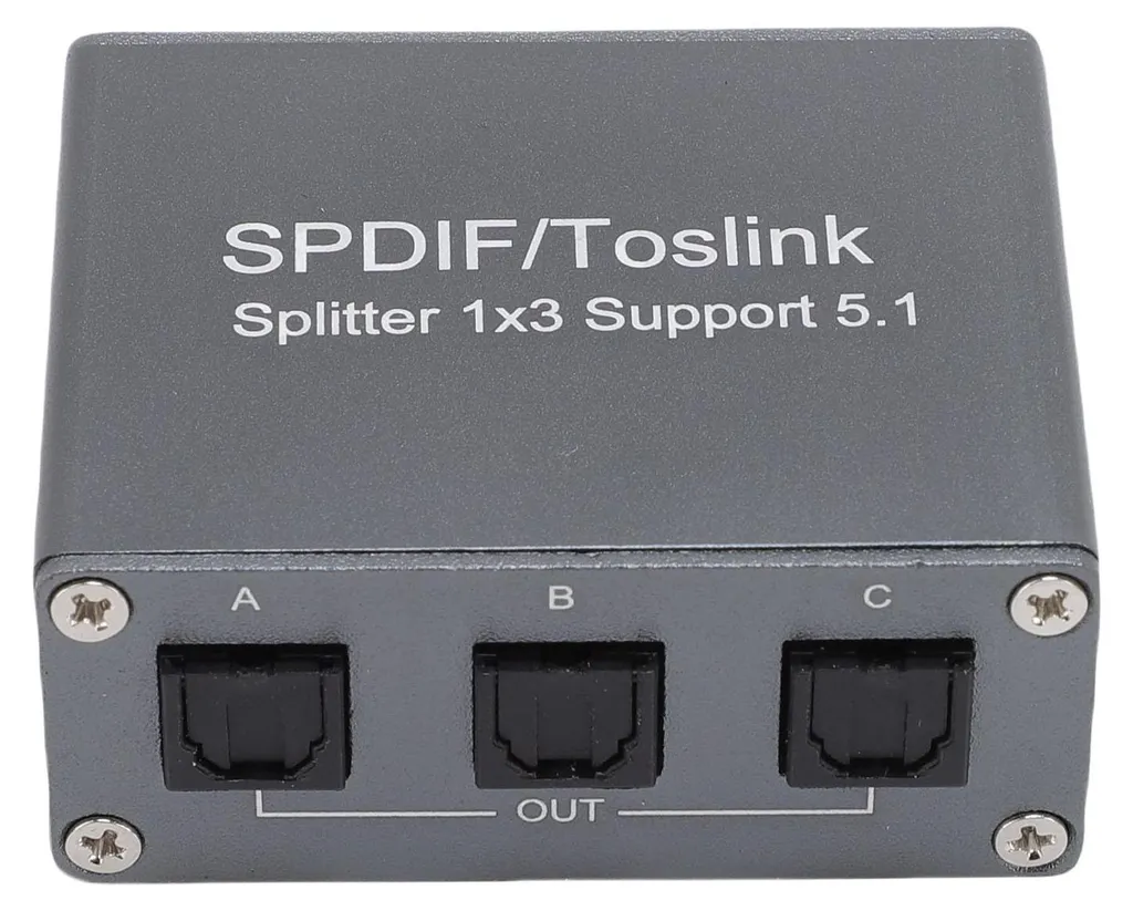 Eine graue SPDIF/Toslink 1x3 optische Audio-Splitter-Box mit drei Ausgangsanschlüssen A, B und C.