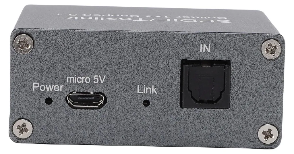 Graue Metallbox mit MikRO-USB-Anschluss, Link-Licht und optischem IN-Anschluss.