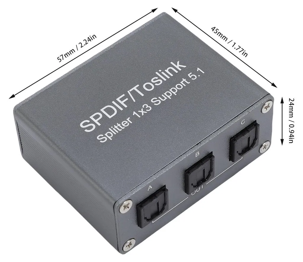Ein grauer SPDIF/Toslink Splitter 1x3 mit Maßangaben.