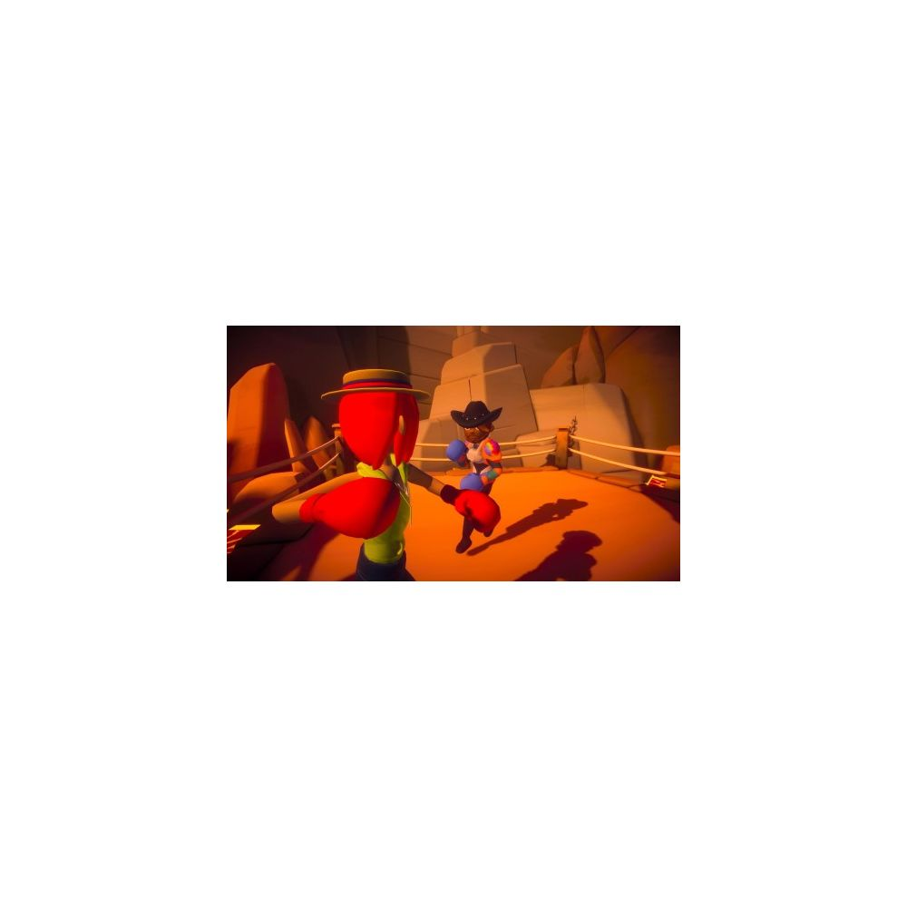 Zwei cartoonartige Charaktere boxen in einem beleuchteten Ring mit Felsen im Hintergrund.