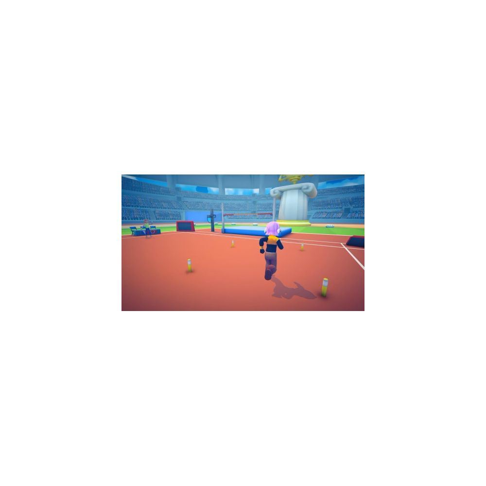 Ein animierter Athlet läuft auf einer roten Laufbahn in einem großen Stadion.