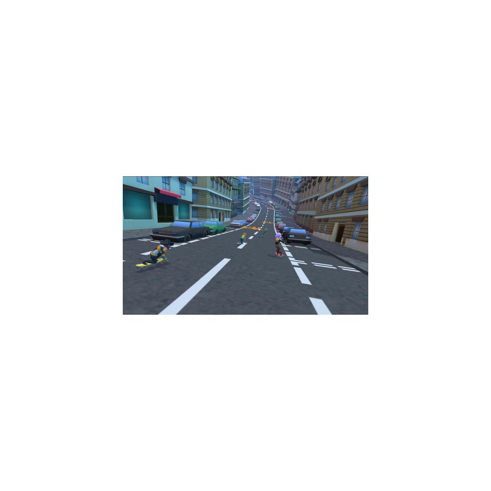 Personen fahren auf Skateboards eine abschüssige Straße entlang, umgeben von geparkten Autos und städtischen Gebäuden.