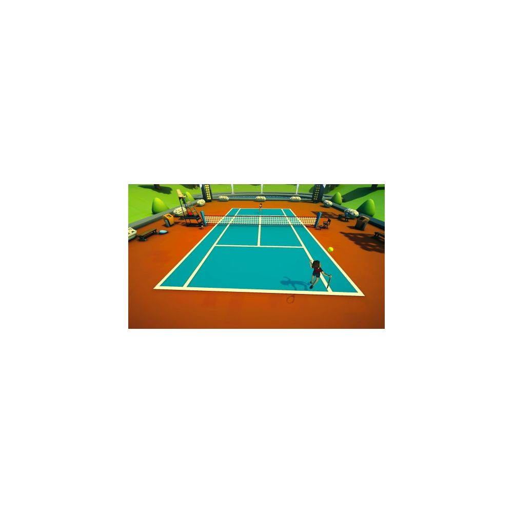 Ein stilisierter türkisfarbener Tennisplatz mit Spielern, weißen Linien und einer orangen Umgebung.