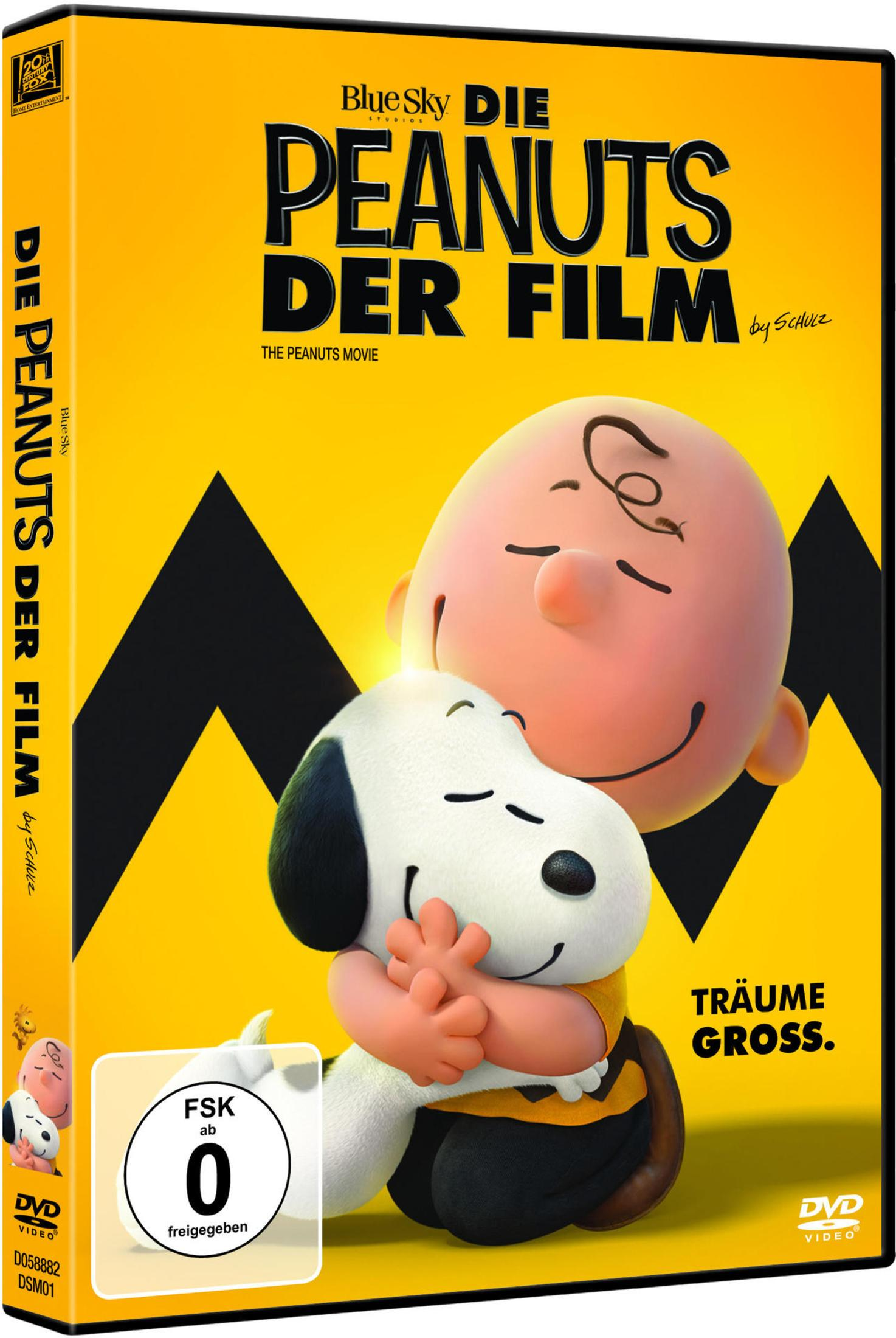 DVD-Cover von "Die Peanuts Der Film" zeigt Charlie Brown, der Snoopy auf gelbem Hintergrund umarmt.