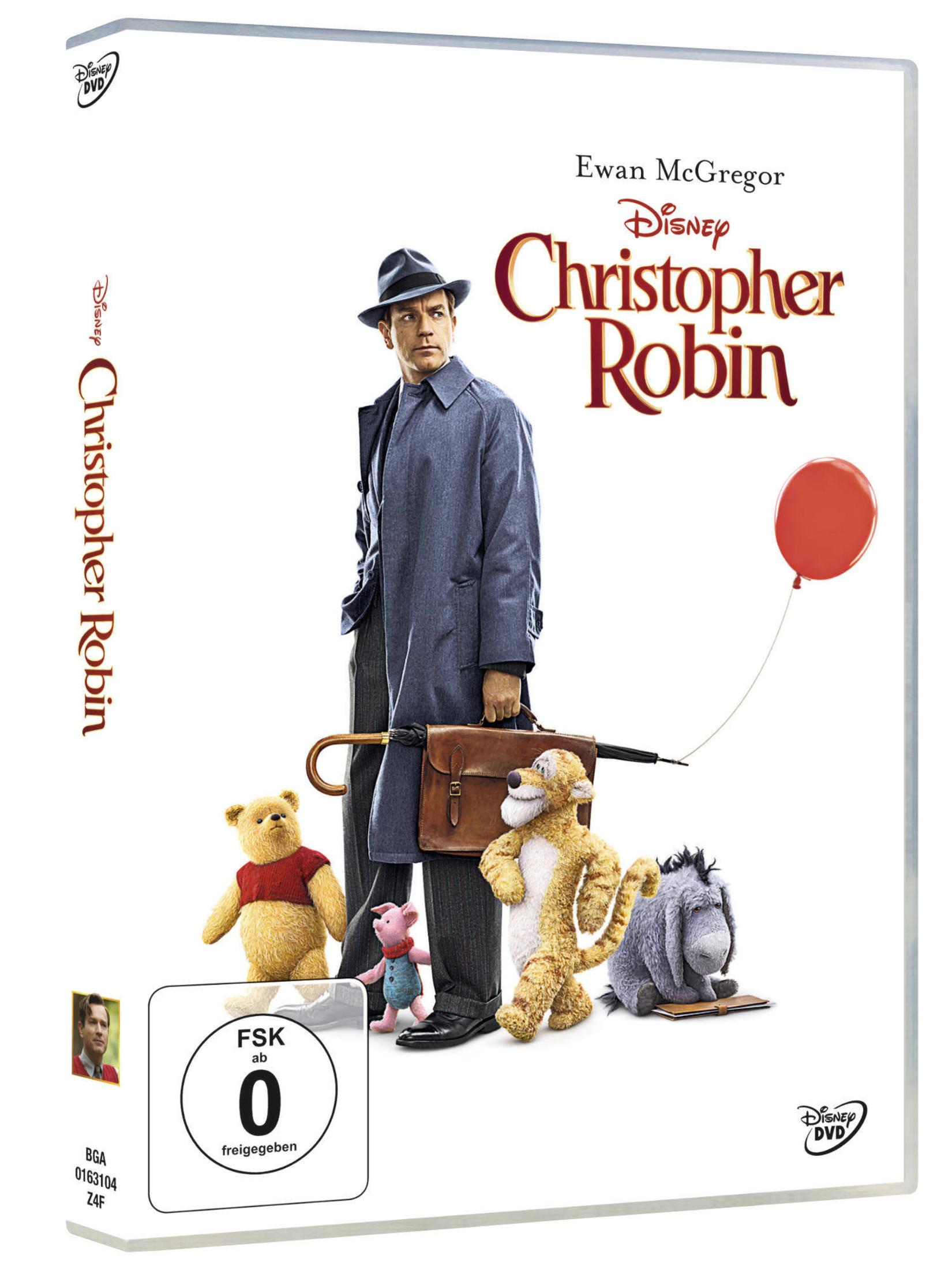 Christopher Robin DVD-Hülle mit Ewan McGregor und ausgestopften Figuren wie Pu der Bär.