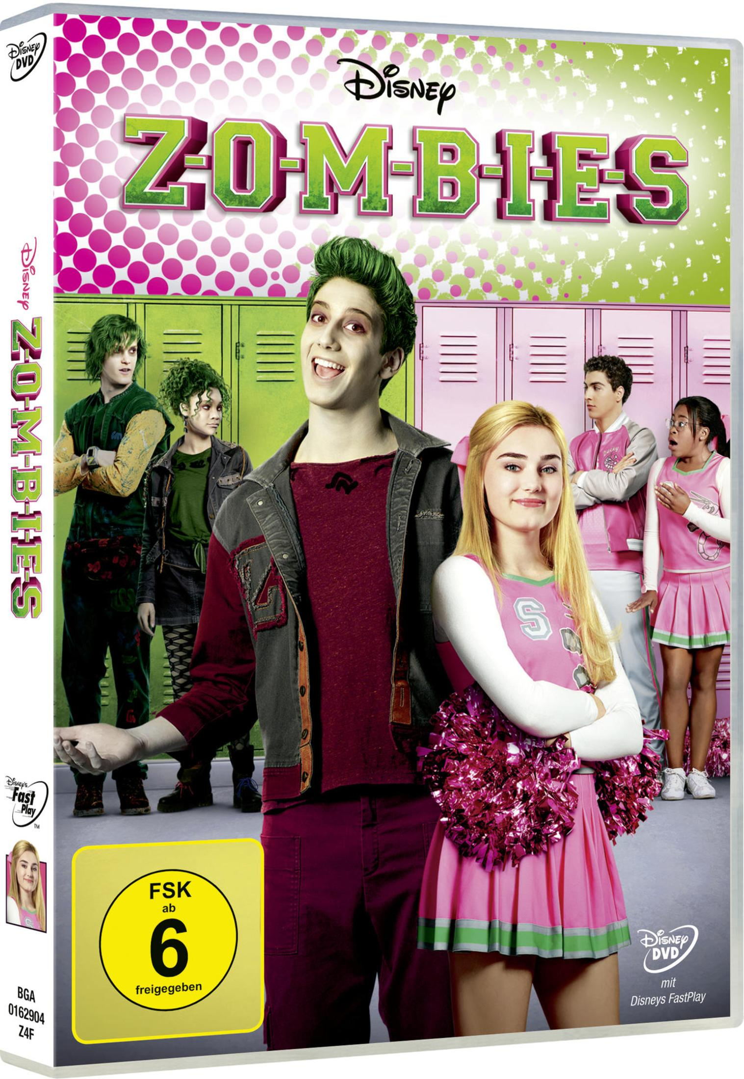 DVD-Cover von Disney Zombies mit grünhaarigem Zombie und blondem Cheerleader vor rosa und grünen Spinden.