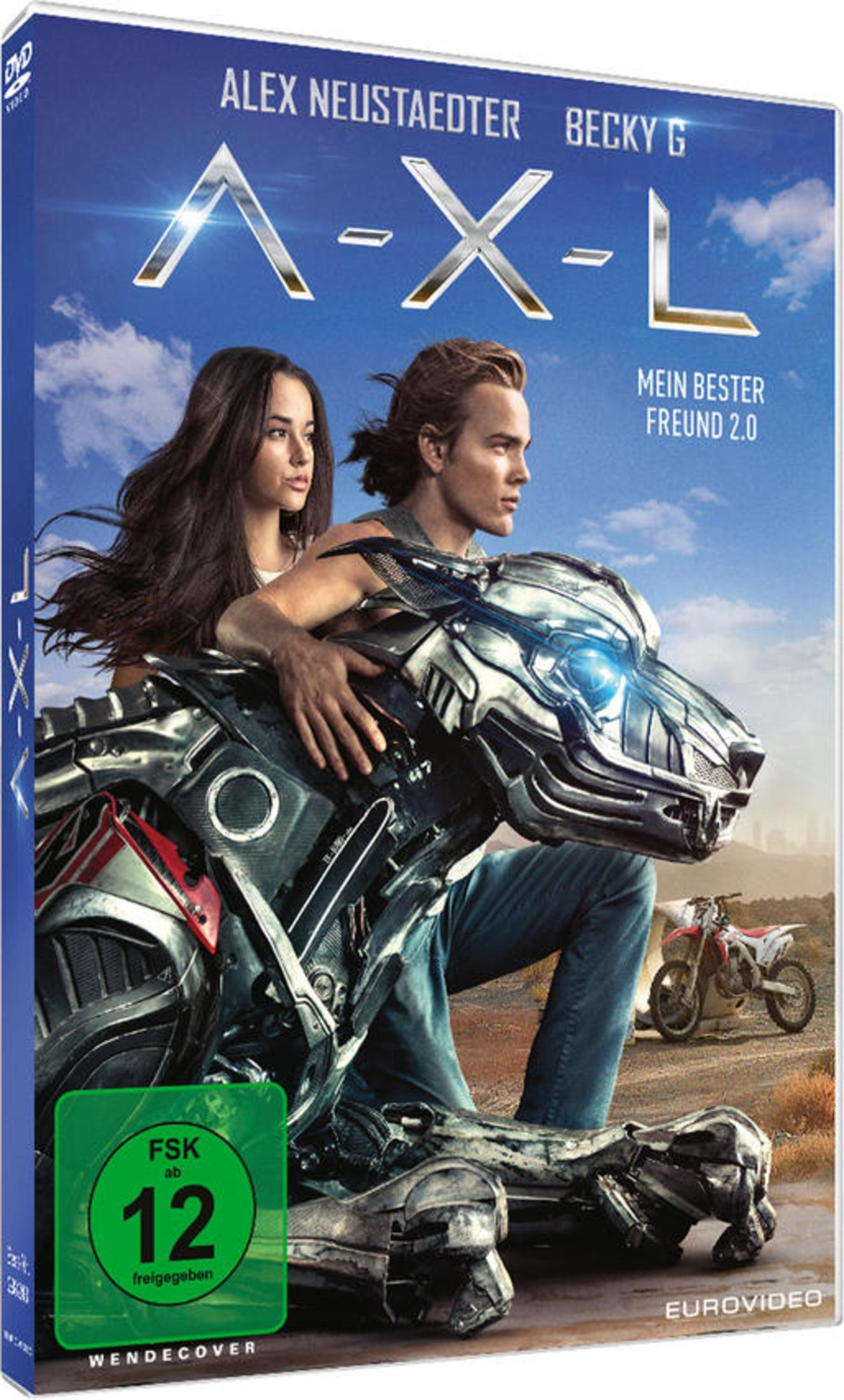 DVD-Cover von A-X-L mit einem jungen Mann und einer Frau auf einem Roboterhund, im Hintergrund ein Motorrad und Wüste.
