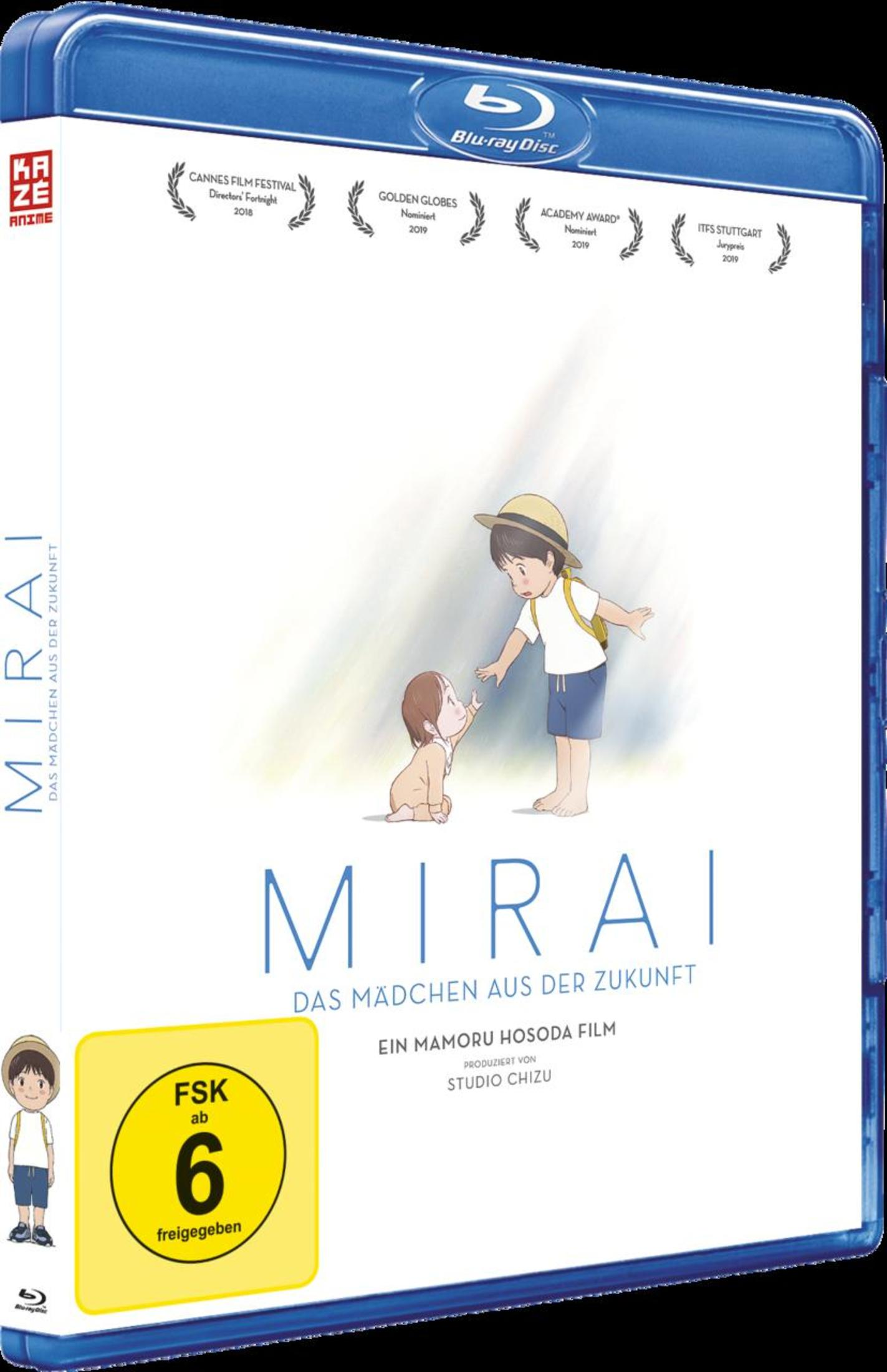 Blu-ray-Hülle des Anime-Films Mirai mit einem Jungen mit Strohhut und einem Kleinkind.