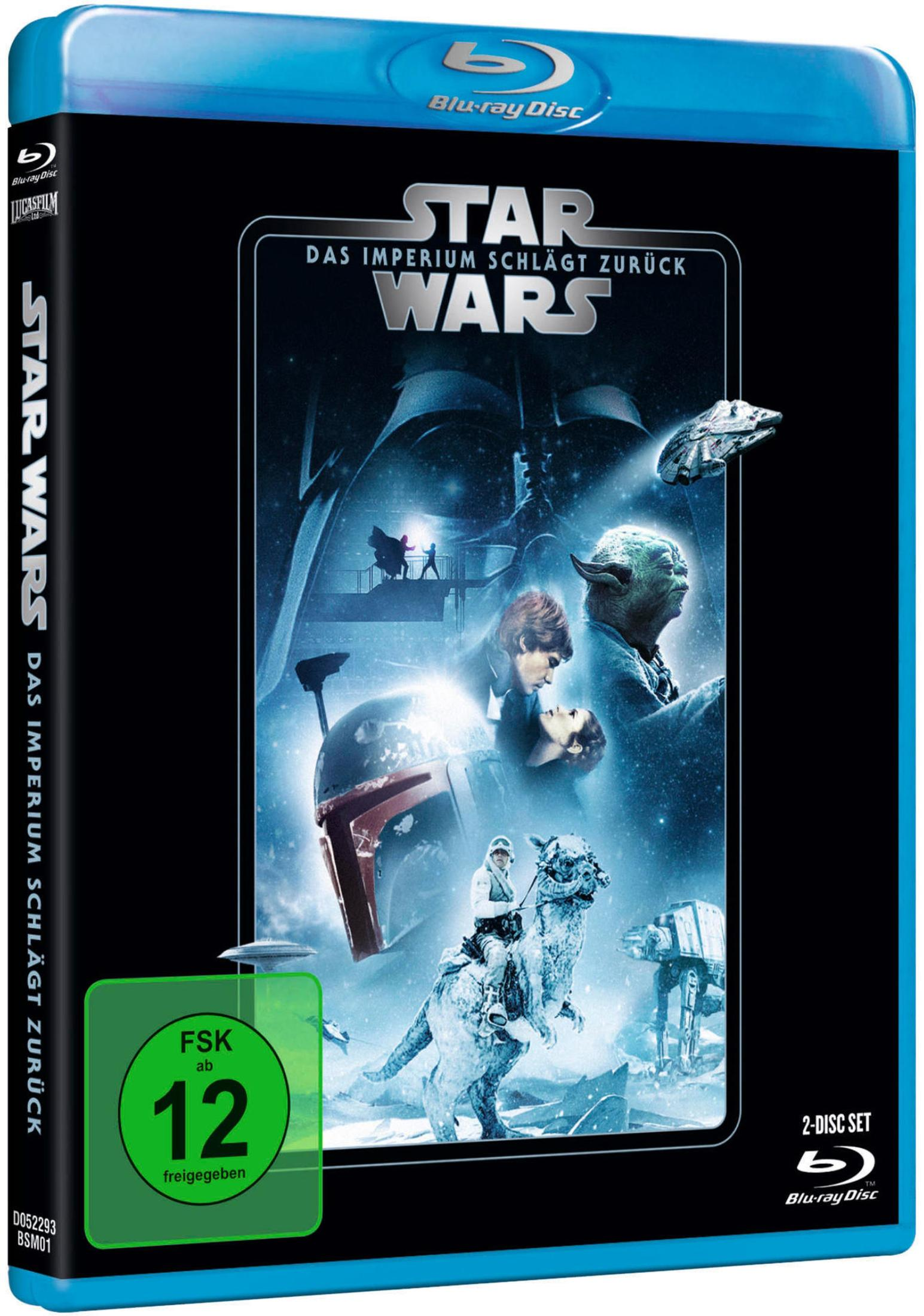 Star Wars Episode V Blu-ray Cover mit Darth Vader, Yoda und Charakteren aus dem Film in einer blauen Collage.