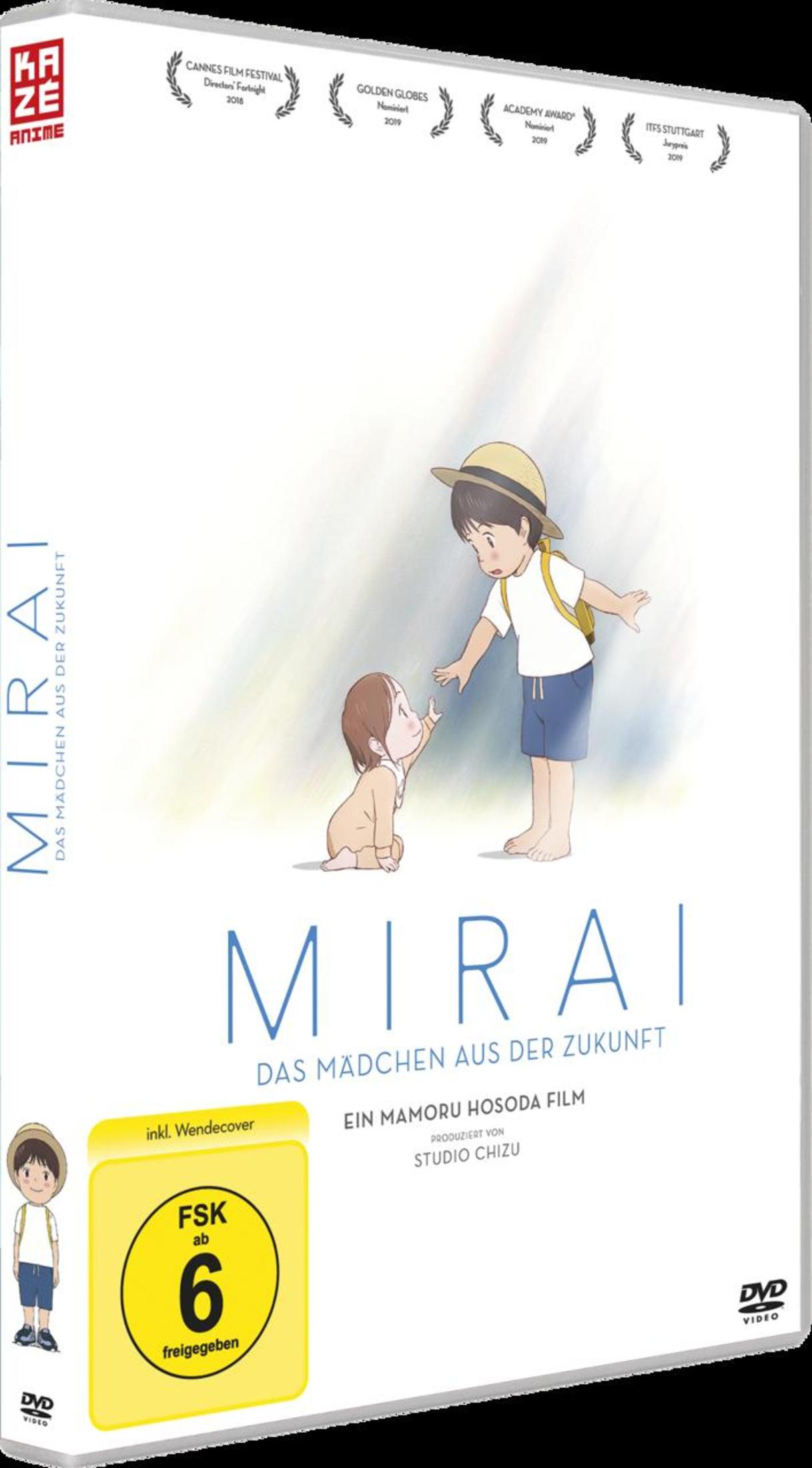 Anime-DVD-Hülle von Mirai mit einem kleinen Jungen und einem Kleinkind, die sich gegenseitig die Hand reichen.