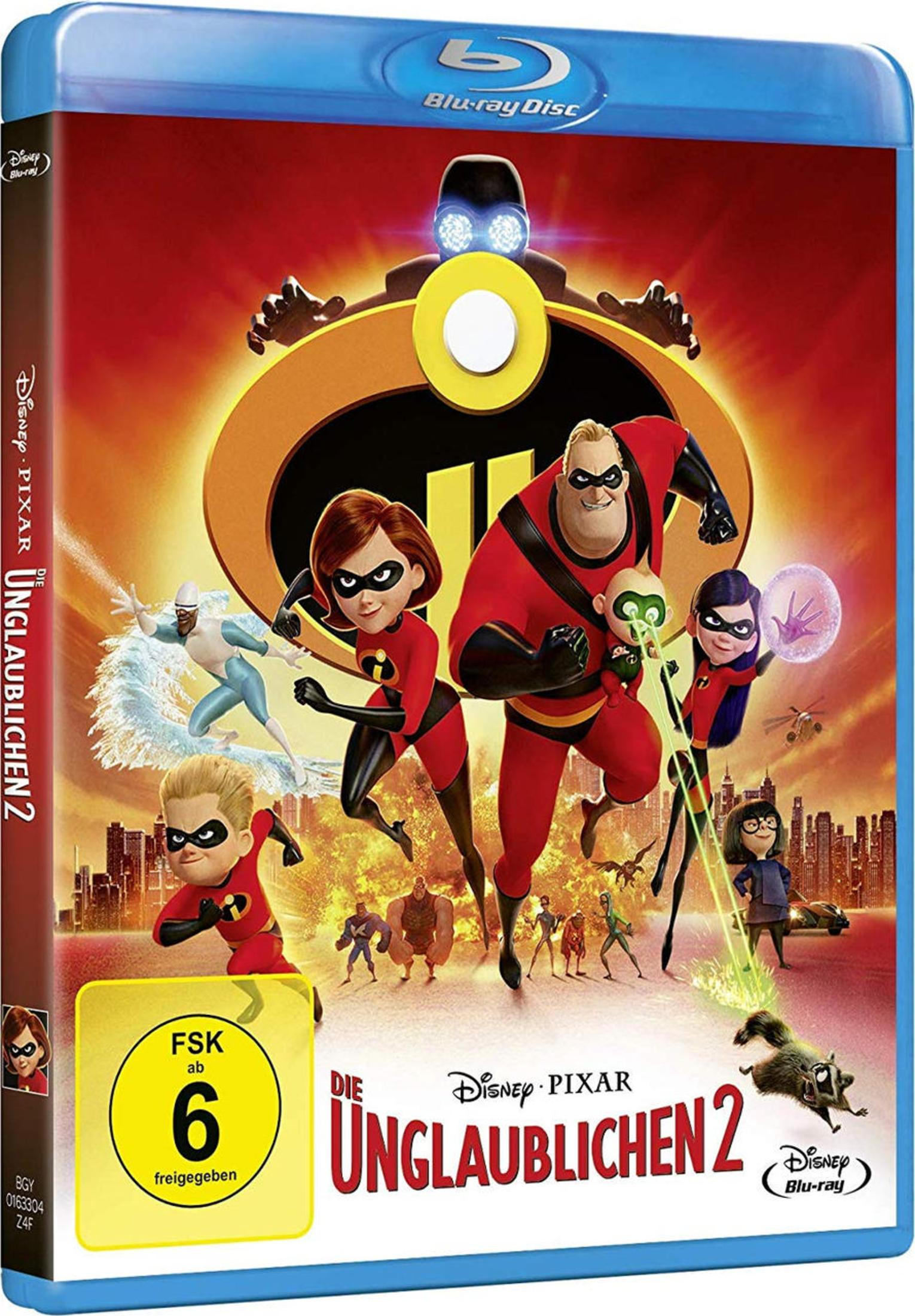 Blu-ray-Hülle von Die Unglaublichen 2 mit der Superheldenfamilie und Schurken im Hintergrund.