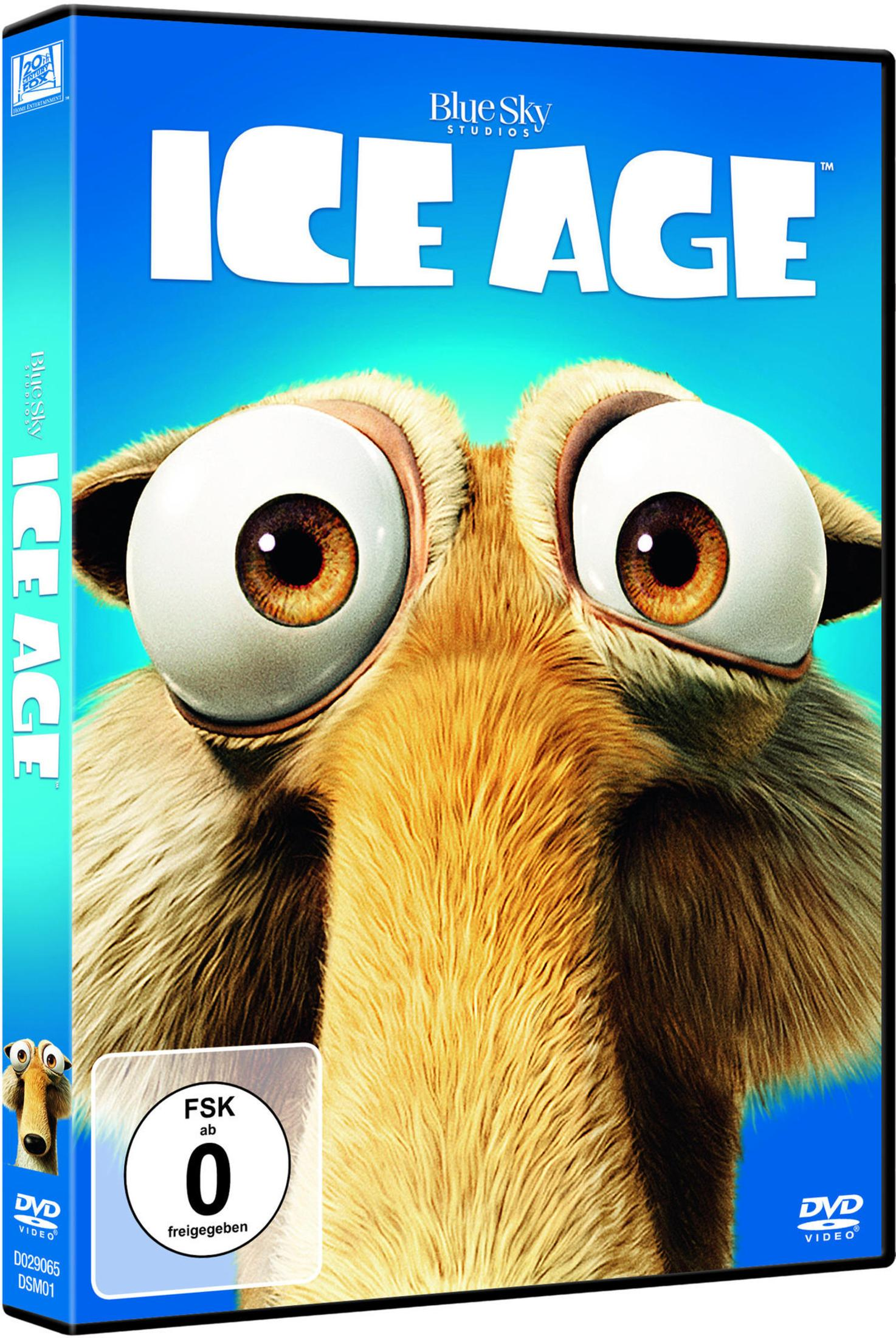 DVD-Cover von Ice Age mit einer Großaufnahme von Scrats Gesicht vor blauem Hintergrund.
