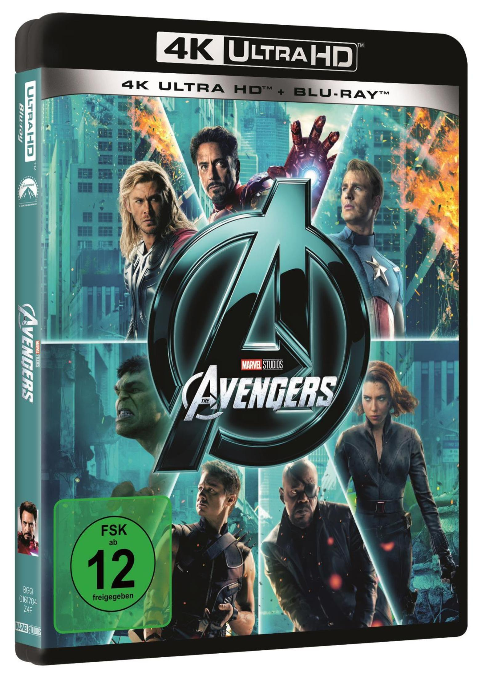 The Avengers 4K Ultra HD Blu-ray Cover mit Marvel-Superhelden in einer Stadt.