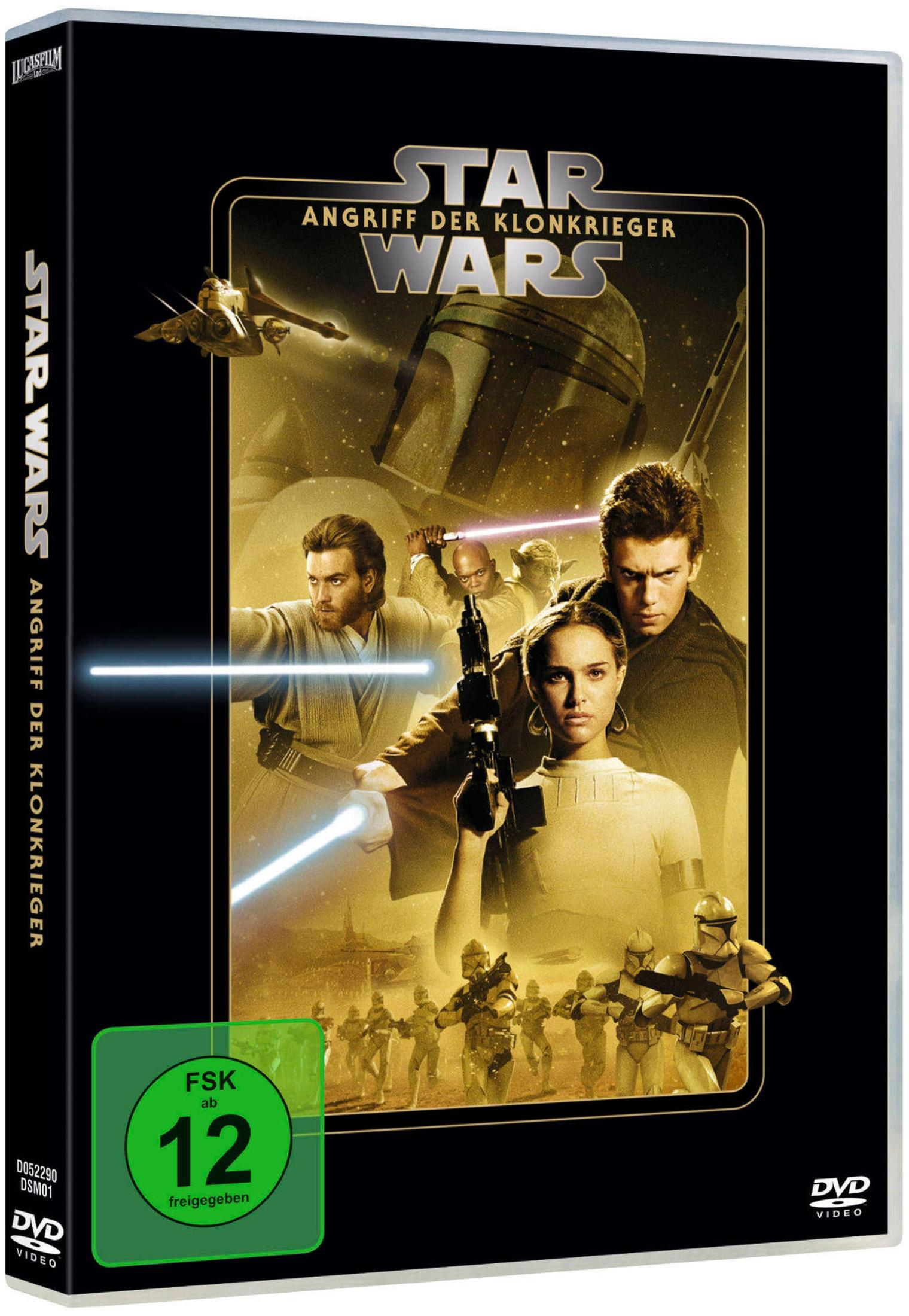 DVD-Cover von Star Wars Episode II mit Charakteren, Klonkriegern und einer FSK-12-Altersfreigabe.
