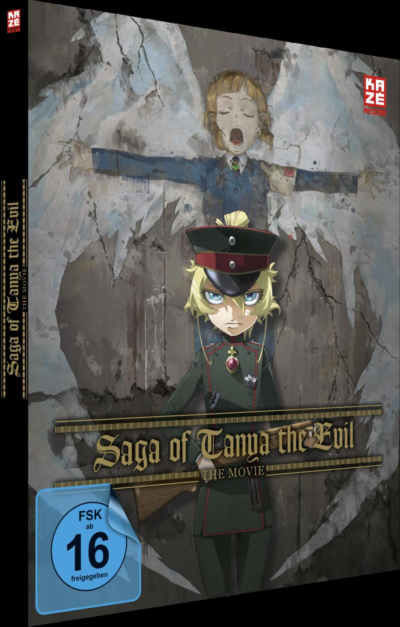 Anime-Cover zeigt Tanya mit rotem Uniformhut und Gewehr vor einem Engel mit ausgebreiteten Flügeln.