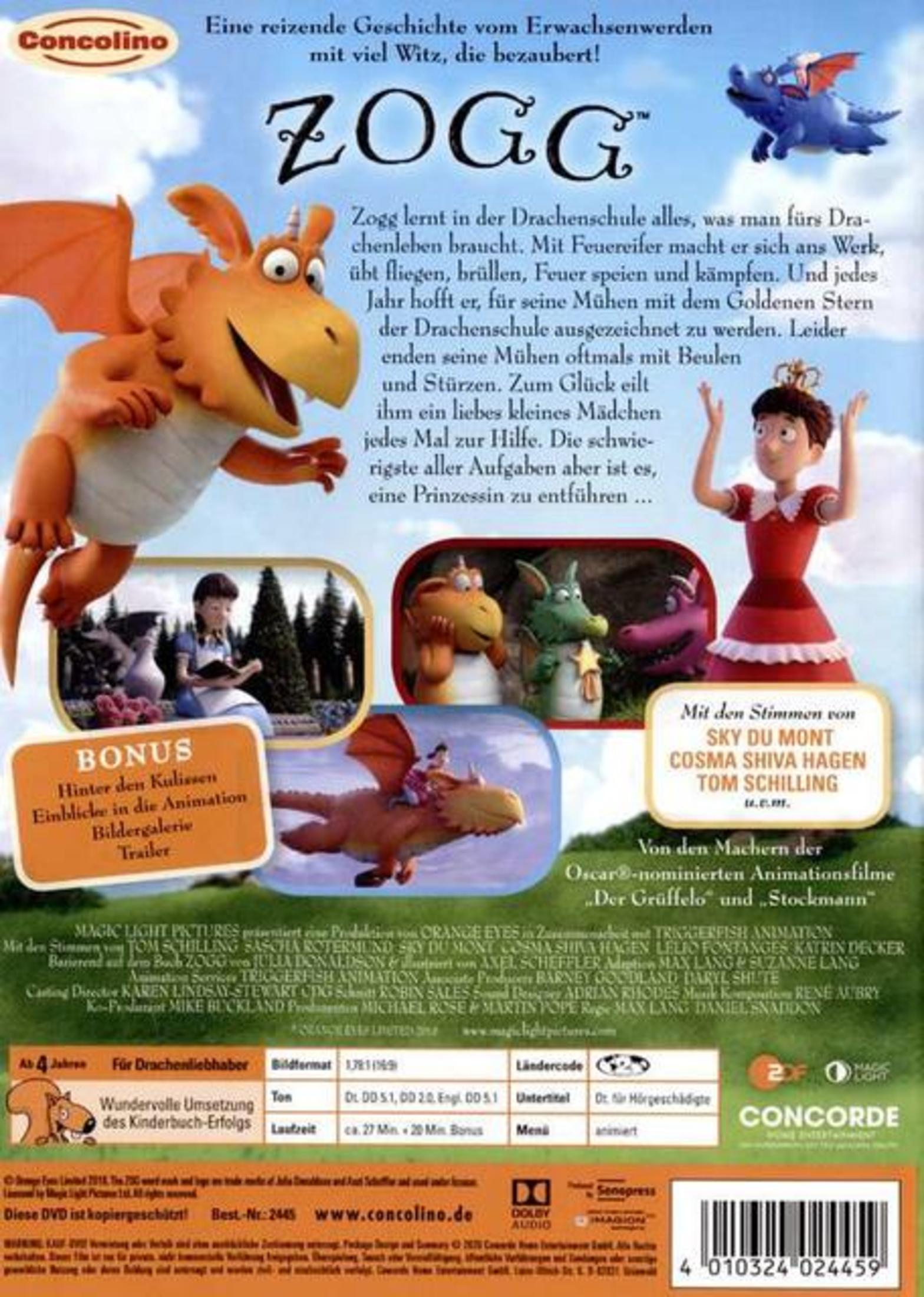 DVD-Hülle des Animationsfilms Zogg mit orangenem Drachen, Mädchen in rotem Kleid und Text.