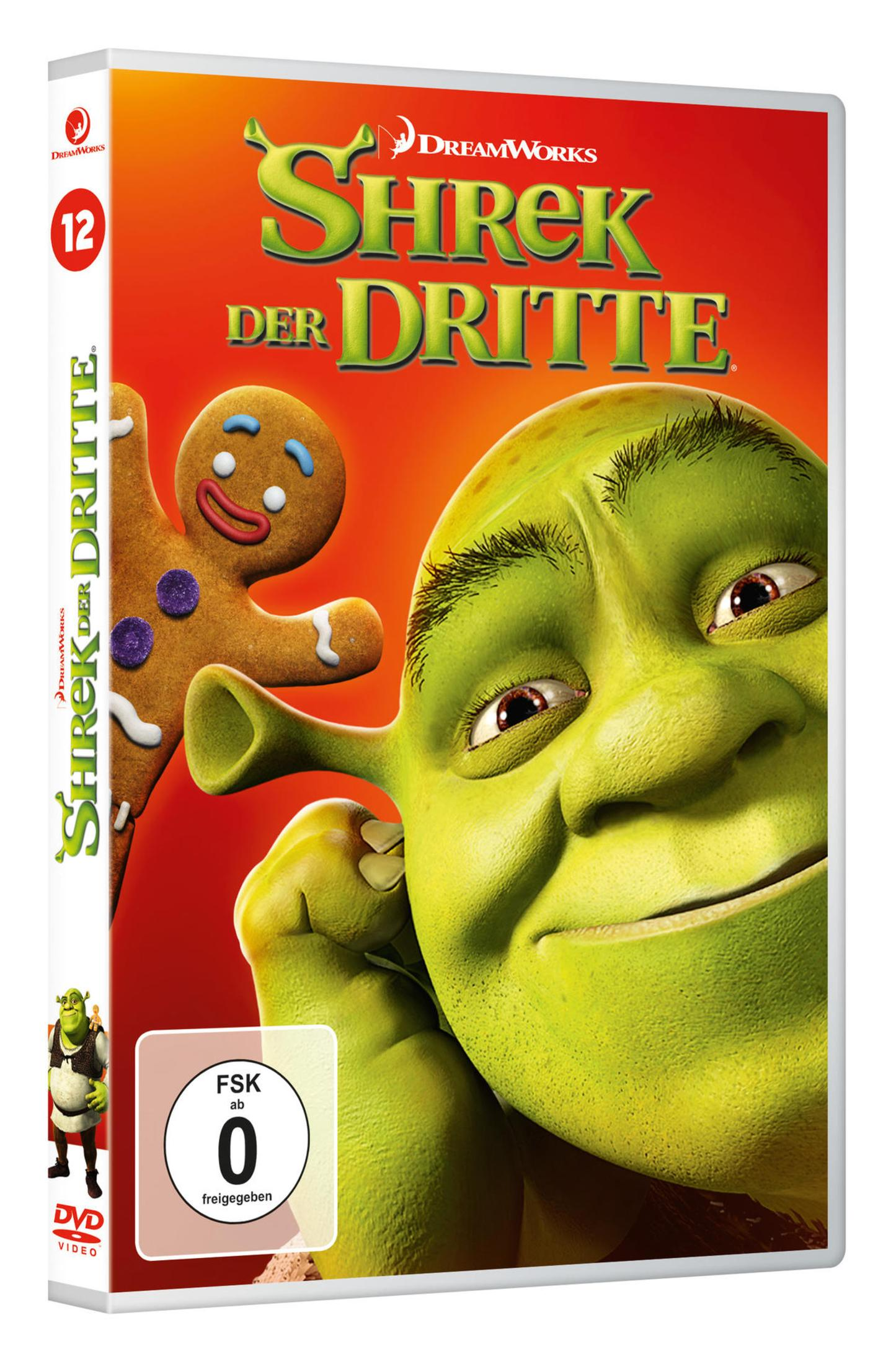 Shrek und der Lebkuchenmann auf dem DVD-Cover von Shrek der Dritte mit orangem Hintergrund.