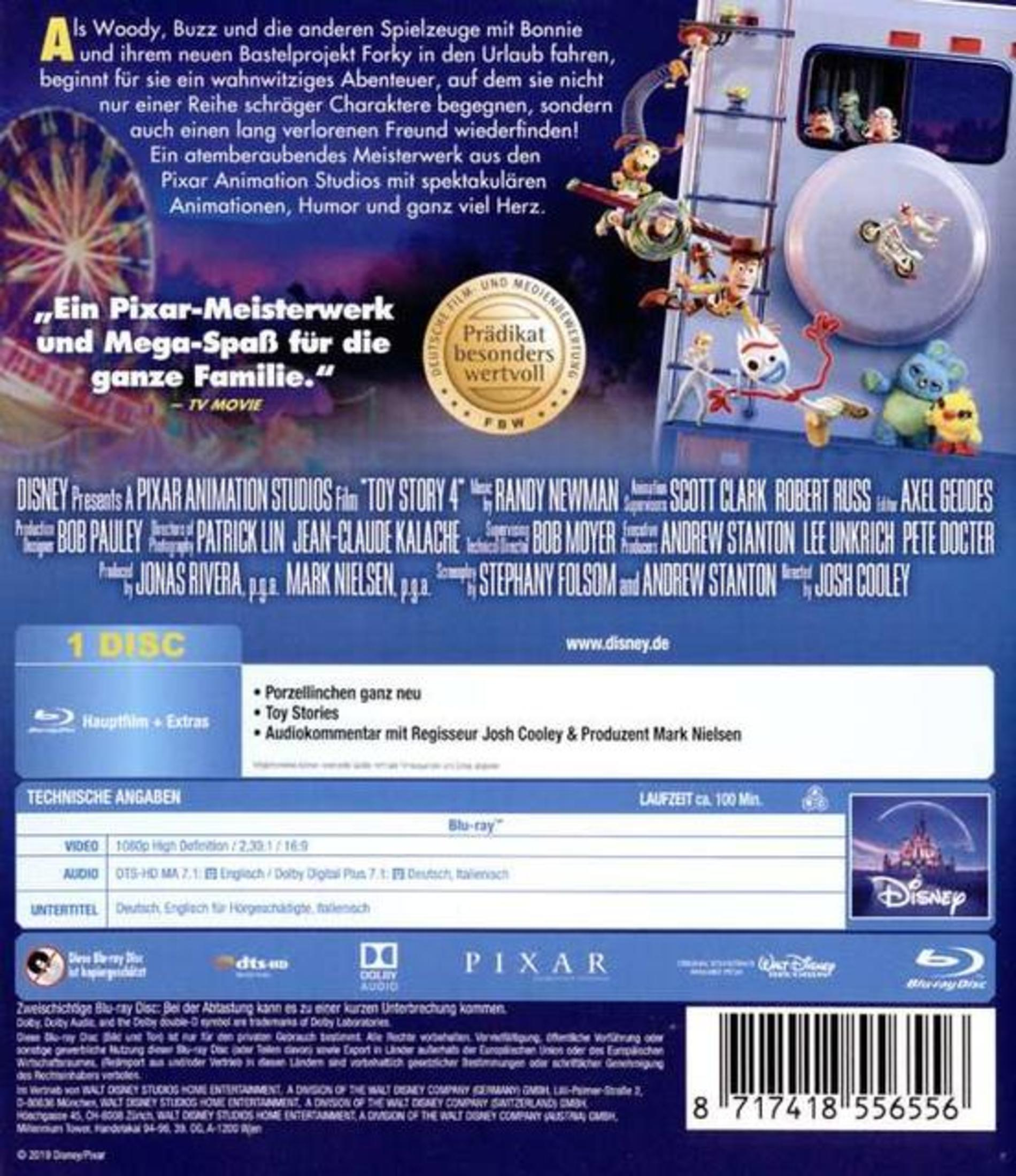 Rückseite der Toy Story 4 Blu-ray-Hülle mit Charakteren, Text und technischen Angaben auf Blau.