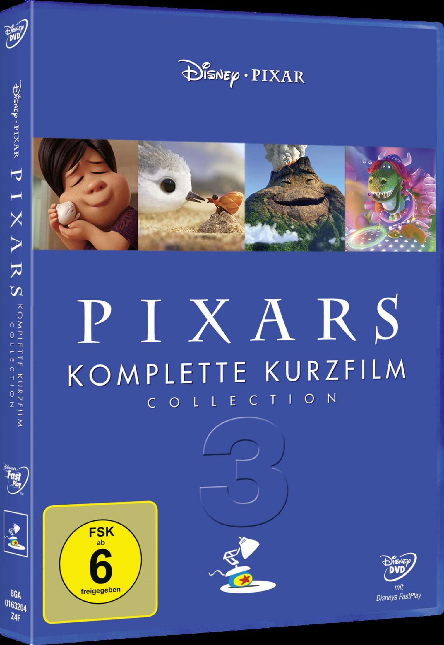 DVD-Cover der Pixar Short Films Collection 3 mit vier Bildern aus verschiedenen Kurzfilmen auf blauem Hintergrund.