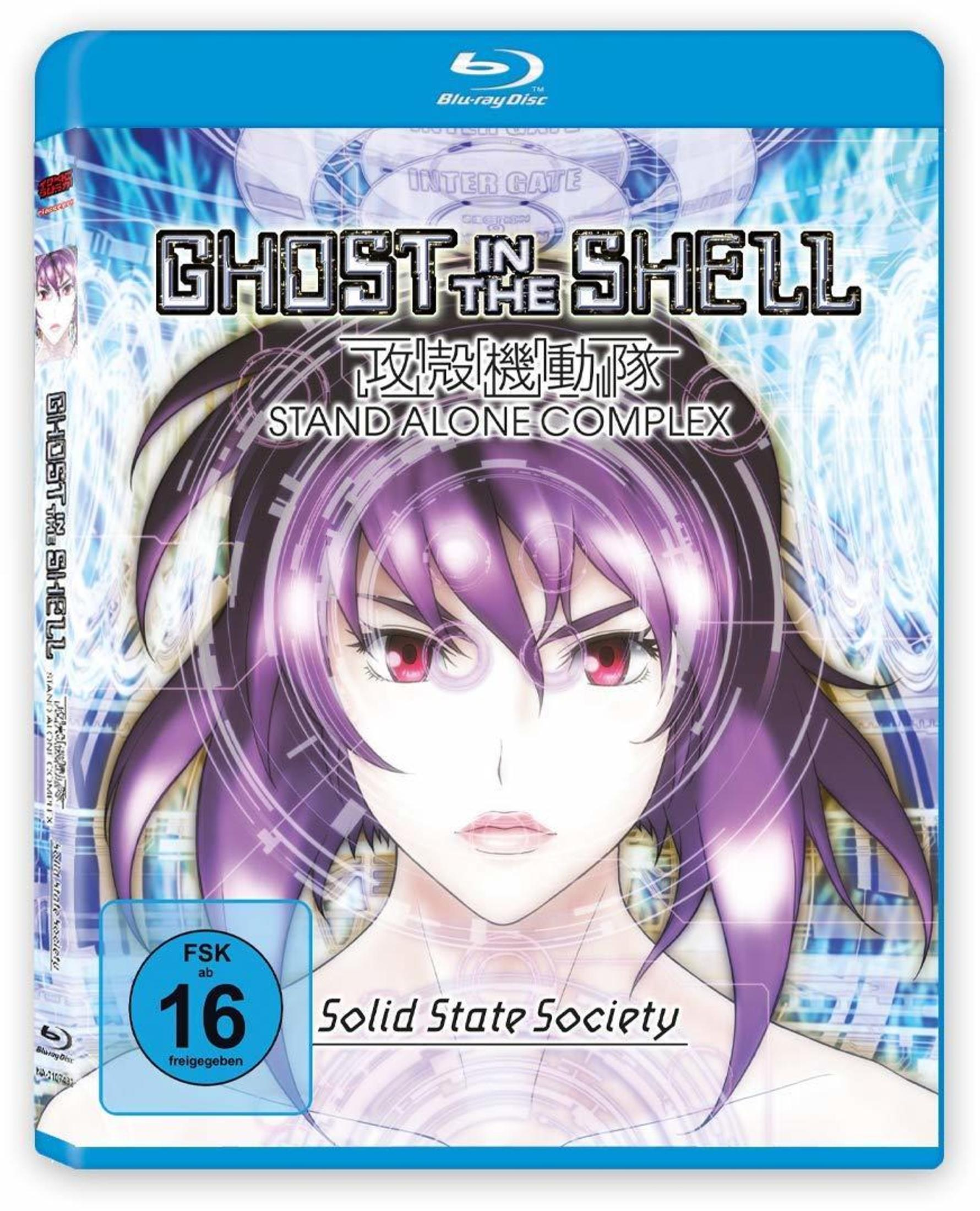 Ghost in the Shell Blu-ray-Cover mit einem weiblichen Anime-Charakter mit lila Haaren und blauem Tech-Hintergrund.