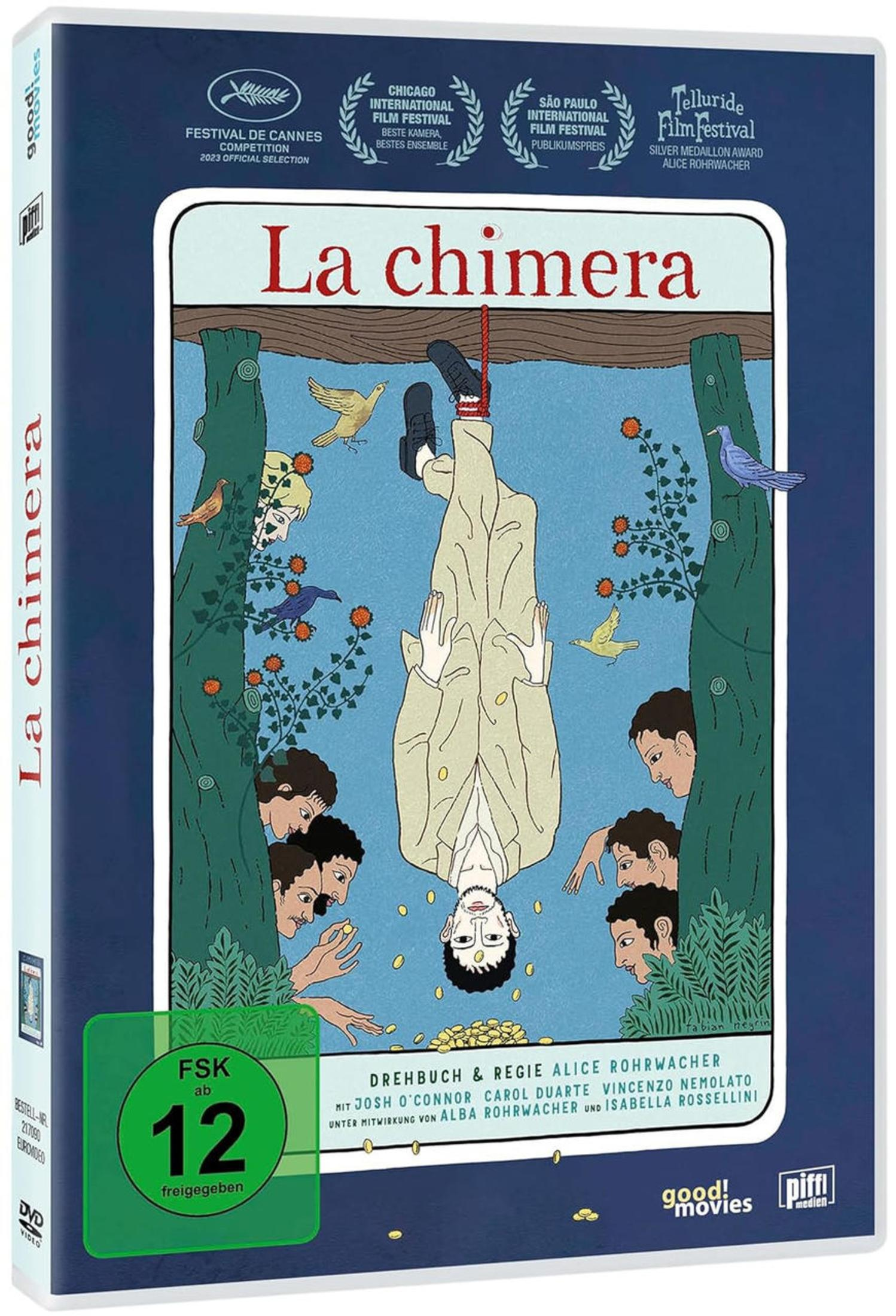 DVD-Cover von La chimera mit einem kopfüber hängenden Mann und Menschen, die Goldmünzen am Boden sammeln.