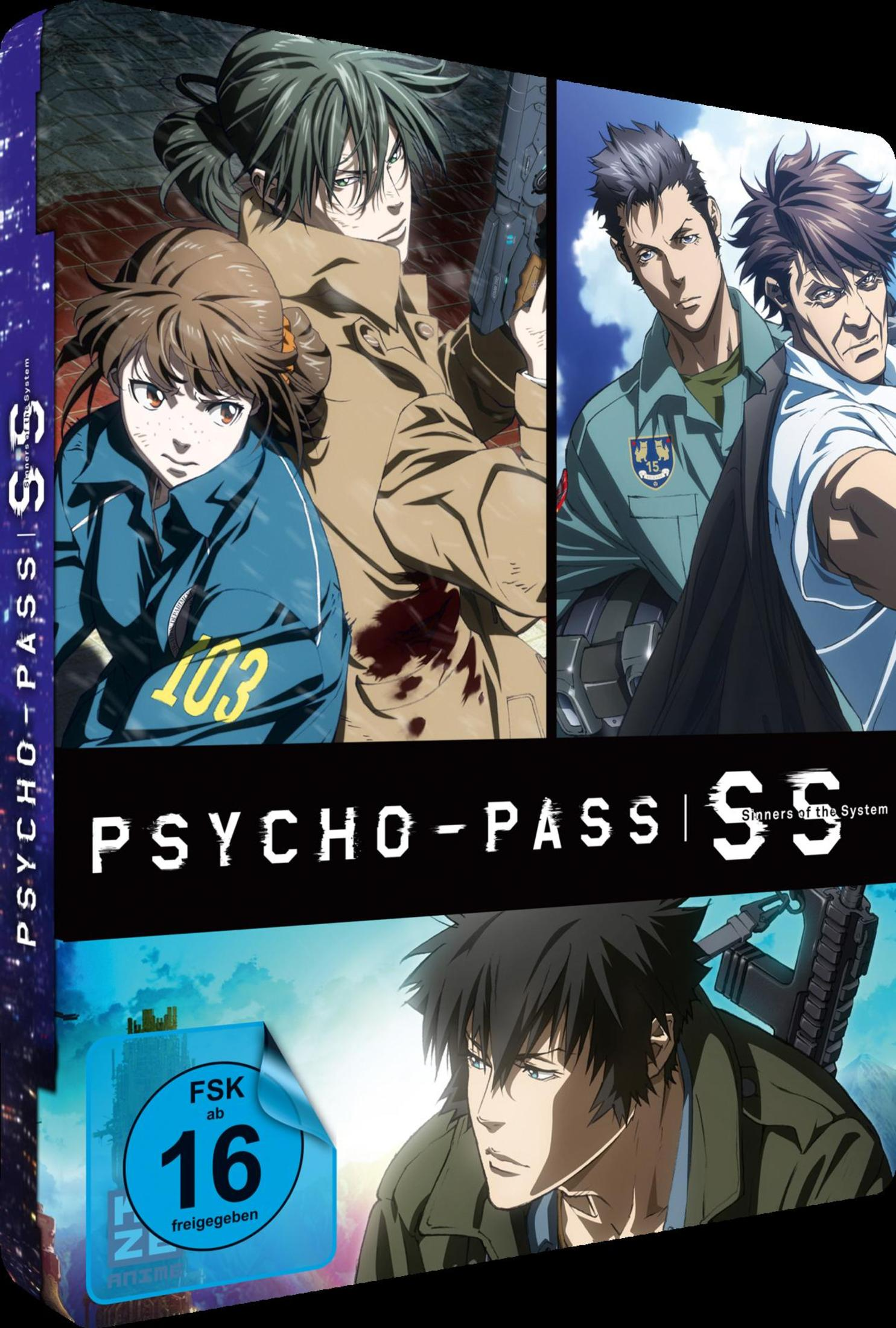 DVD-Cover von Psycho-Pass Sinners of the System mit Charakteren und FSK-16-Logo.