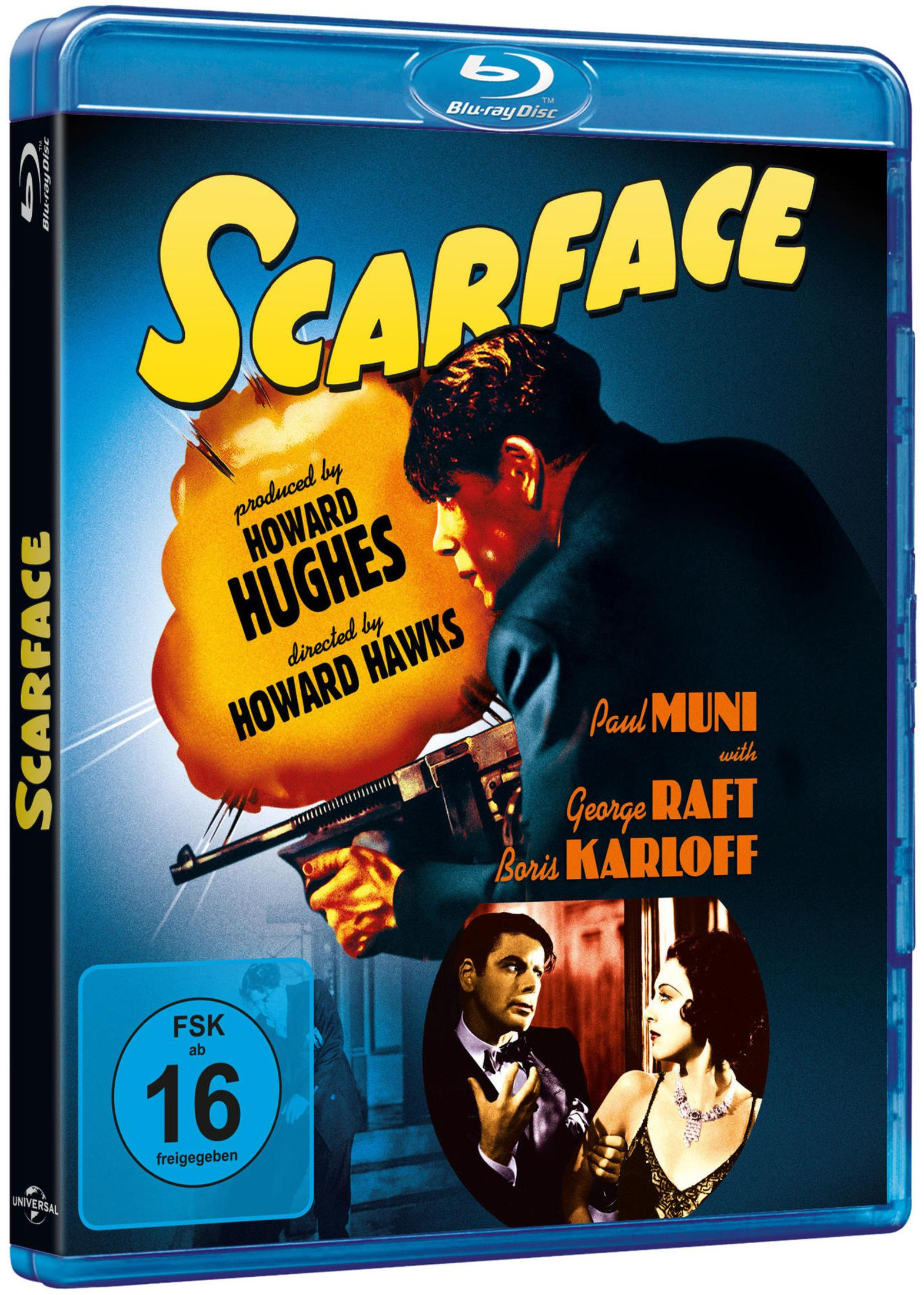 Scarface Blu-ray Hülle mit Paul Muni, der eine Waffe vor einer gelben Explosion hält, und einem FSK 16 Logo.