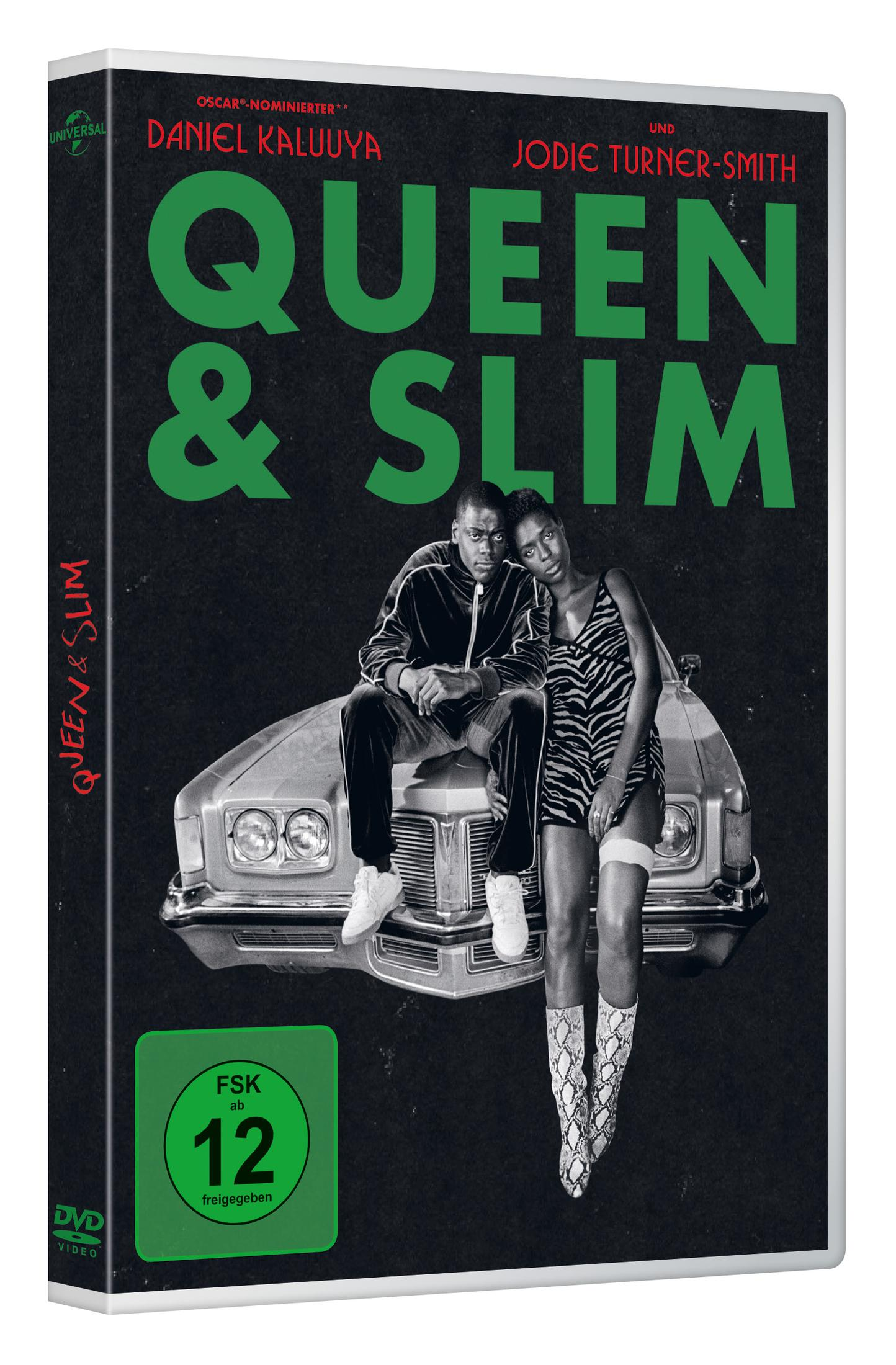 DVD-Hülle von Queen & Slim mit zwei Personen sitzend auf einem Oldtimer vor dunklem Hintergrund.