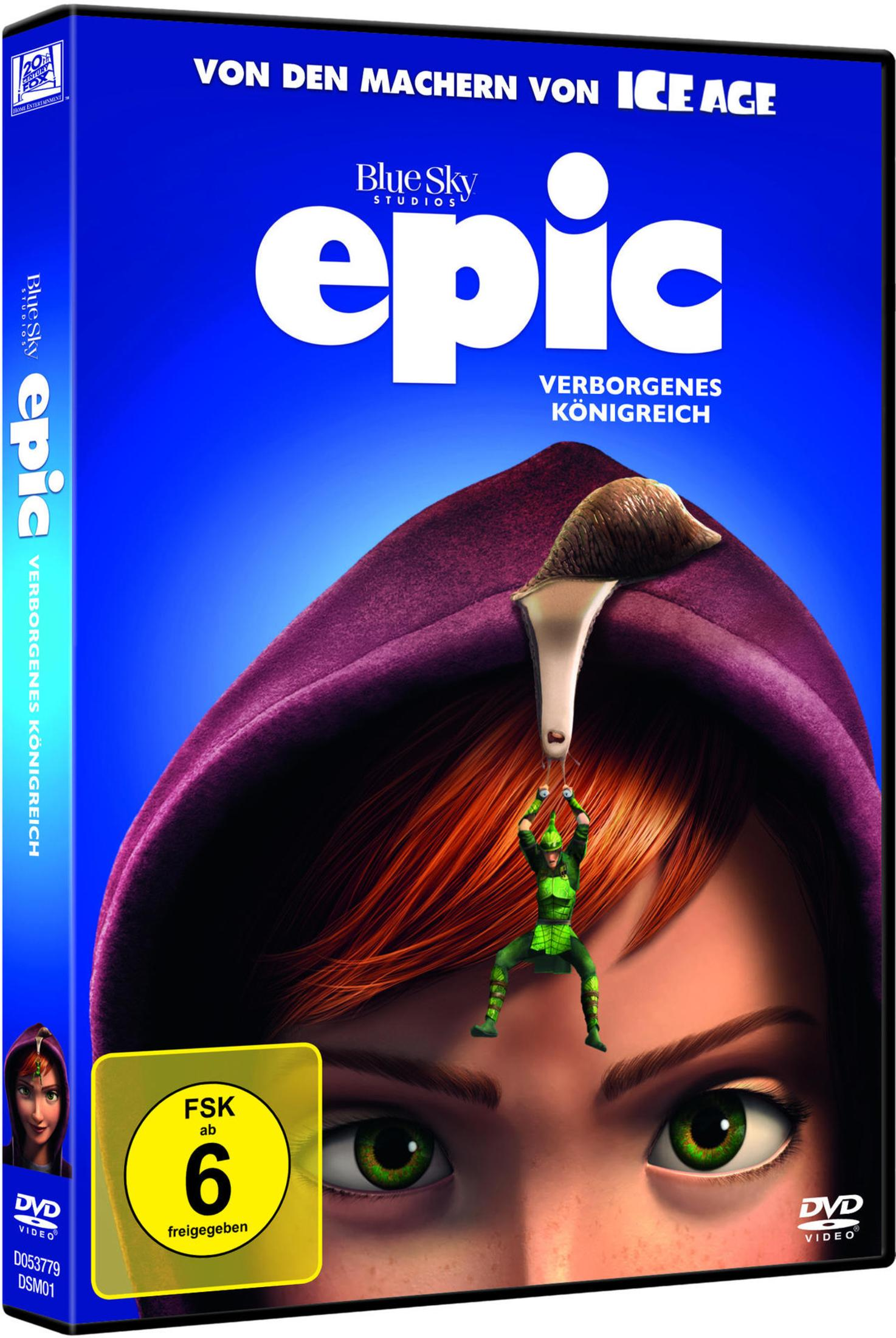DVD-Cover von Epic mit einer rothaarigen Frau, einer kleinen Figur und einer Schnecke vor blauem Hintergrund.