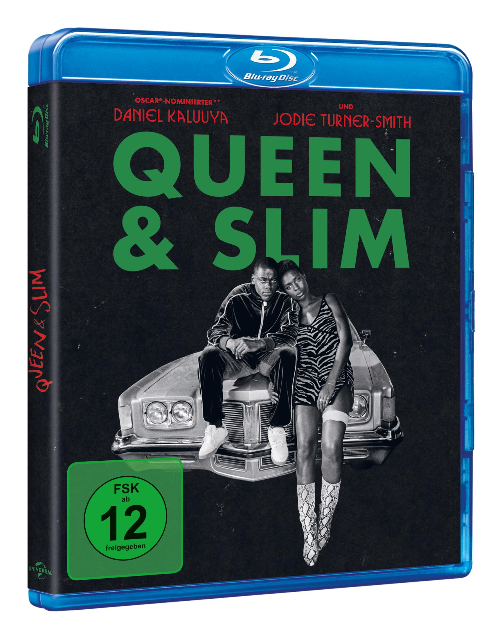Blu-ray-Hülle des Films Queen & Slim mit einem Paar auf einem Auto sitzend und FSK 12-Logo.