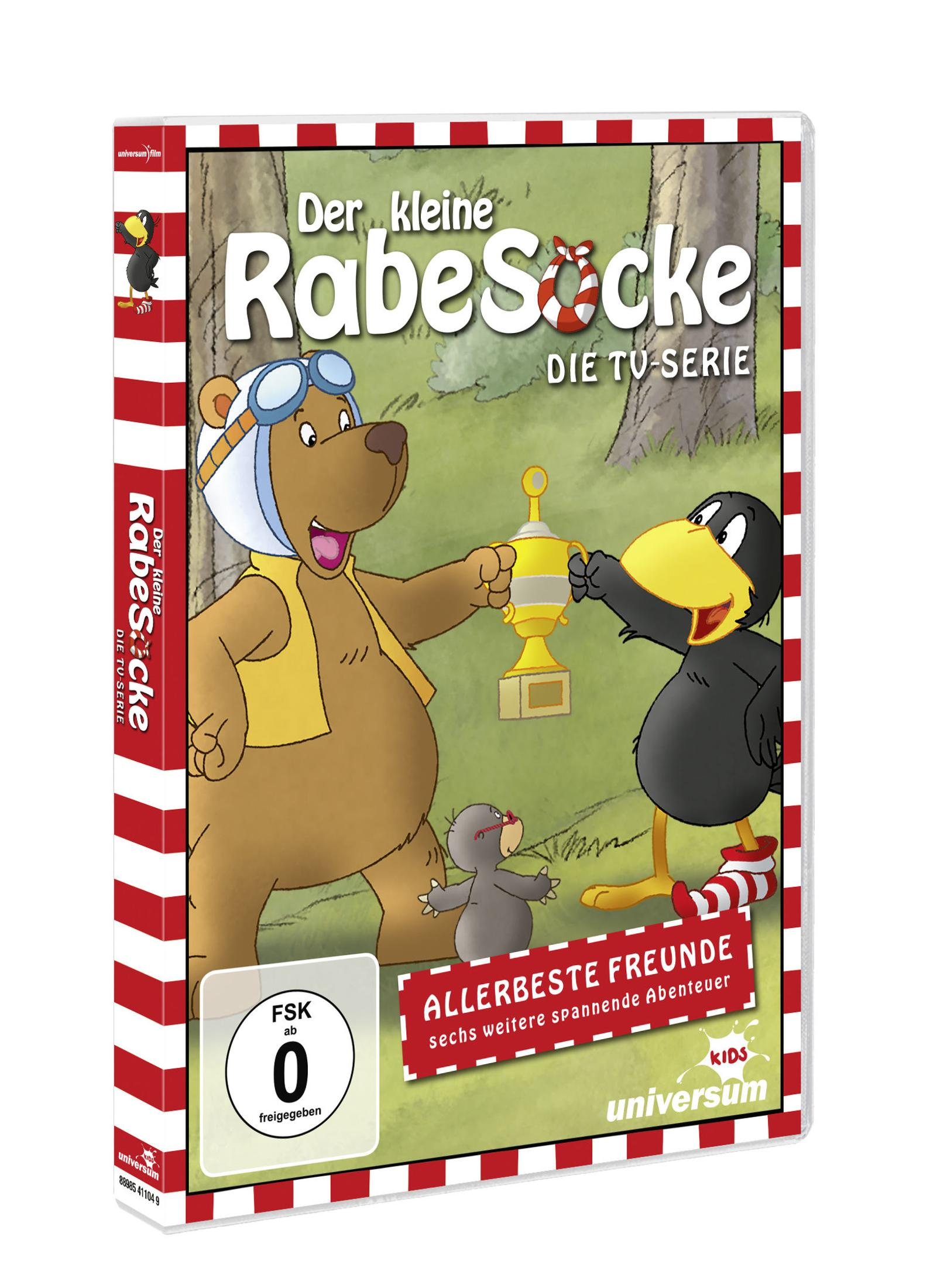 DVD-Hülle mit Bär, Rabe und Maulwurf, die einen Pokal halten, im Wald.