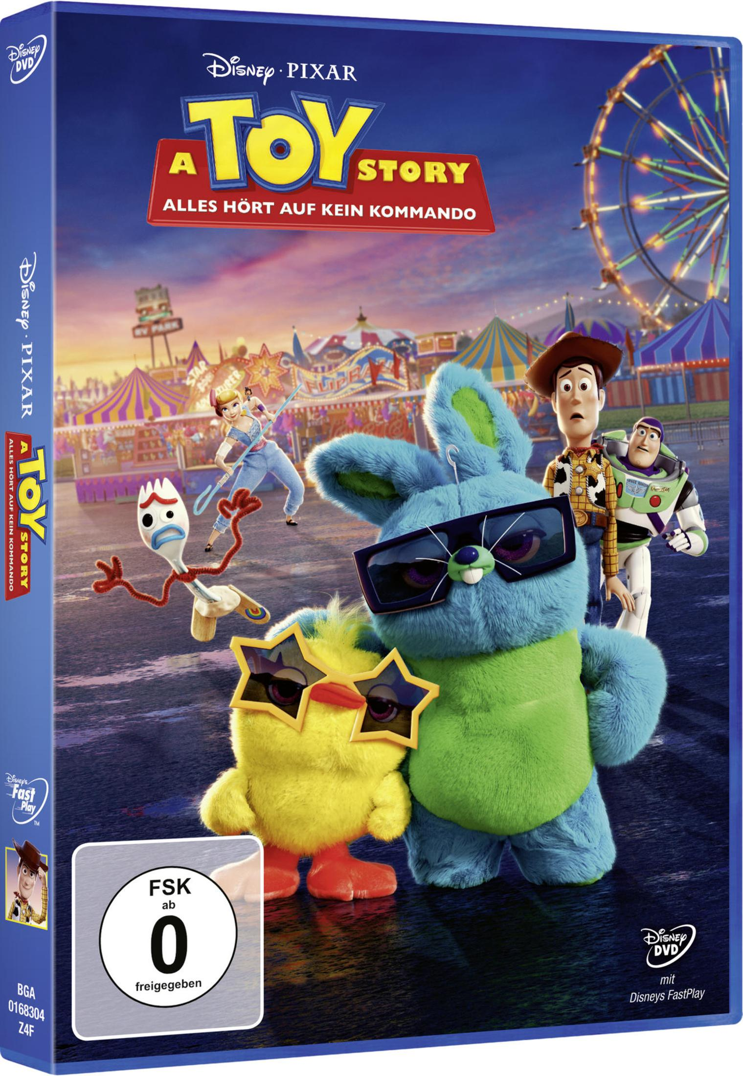 Toy Story 4 DVD-Cover mit verschiedenen Charakteren vor einem bunten Jahrmarkt bei Sonnenuntergang.