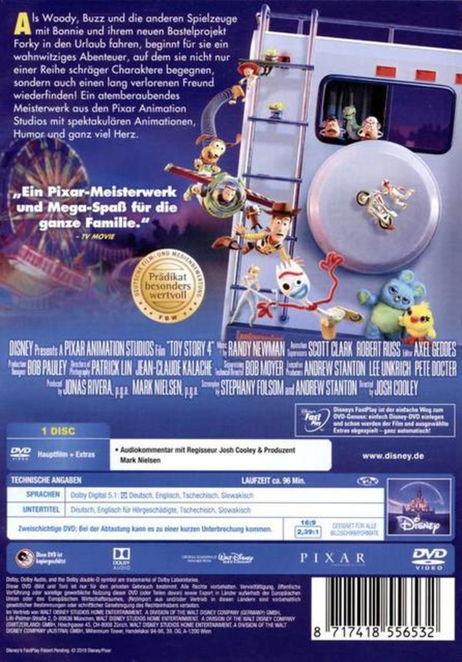 DVD-Hülle von Toy Story 4 mit Woody, Buzz Lightyear, Forky und weiteren Charakteren vor blauem Hintergrund.