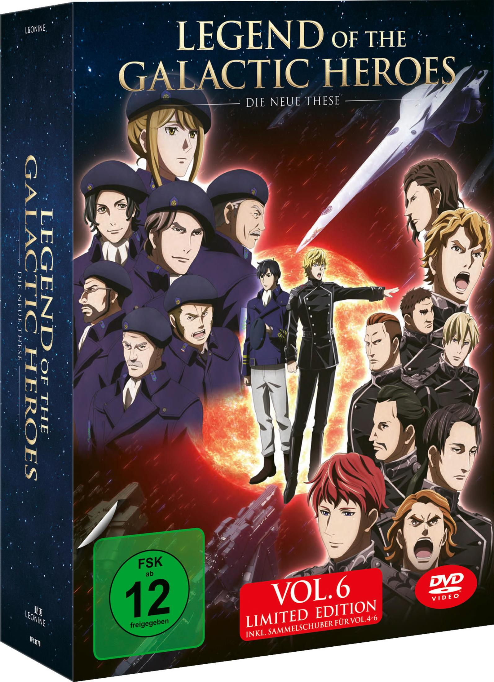 Anime-DVD-Cover von Legend of the Galactic Heroes Vol.6 mit Charakteren und Raumschiffen im Weltall.