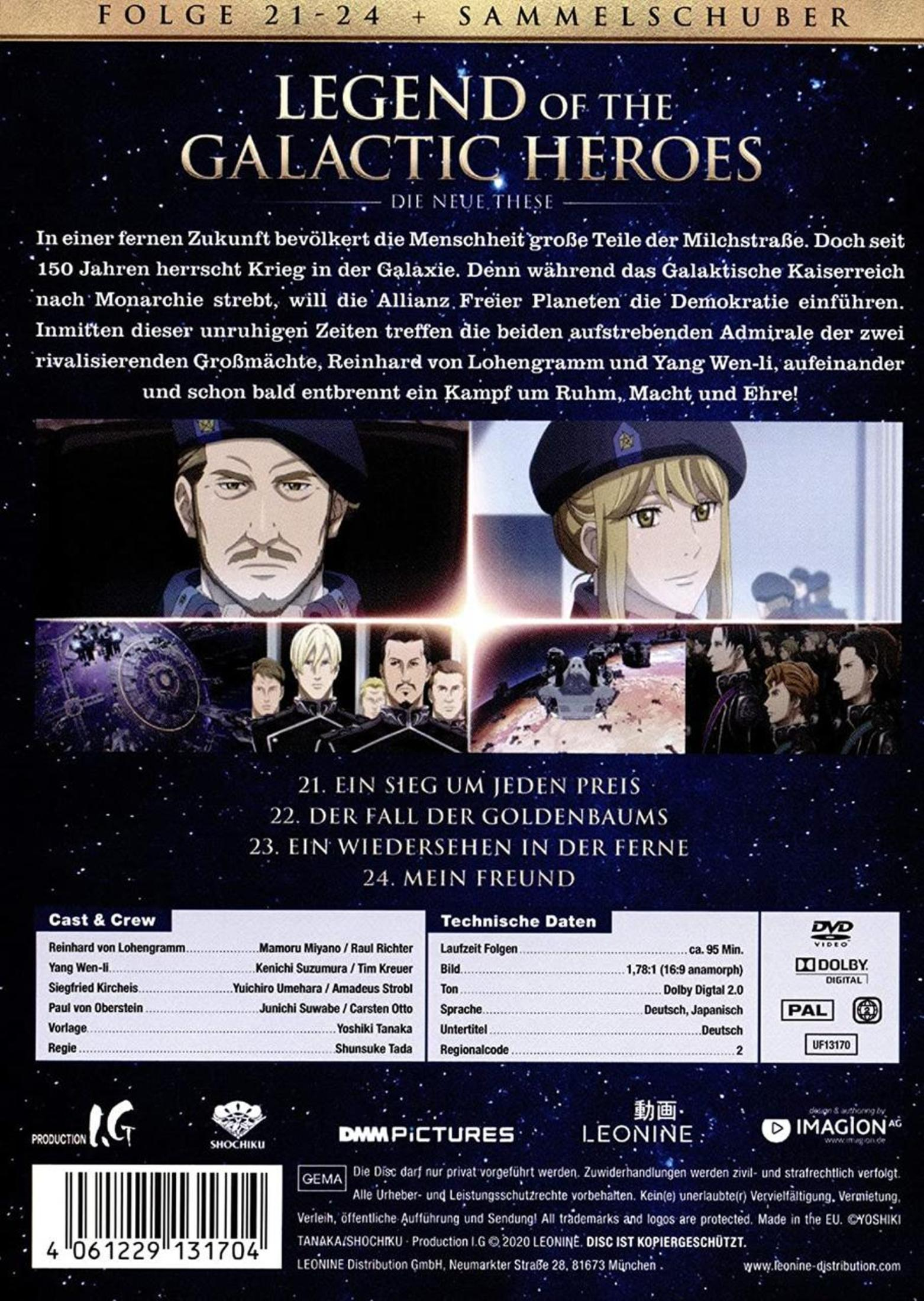 DVD-Rückseite für Legend of the Galactic Heroes mit Charakterporträts, Inhaltsangabe und Besetzungsliste.