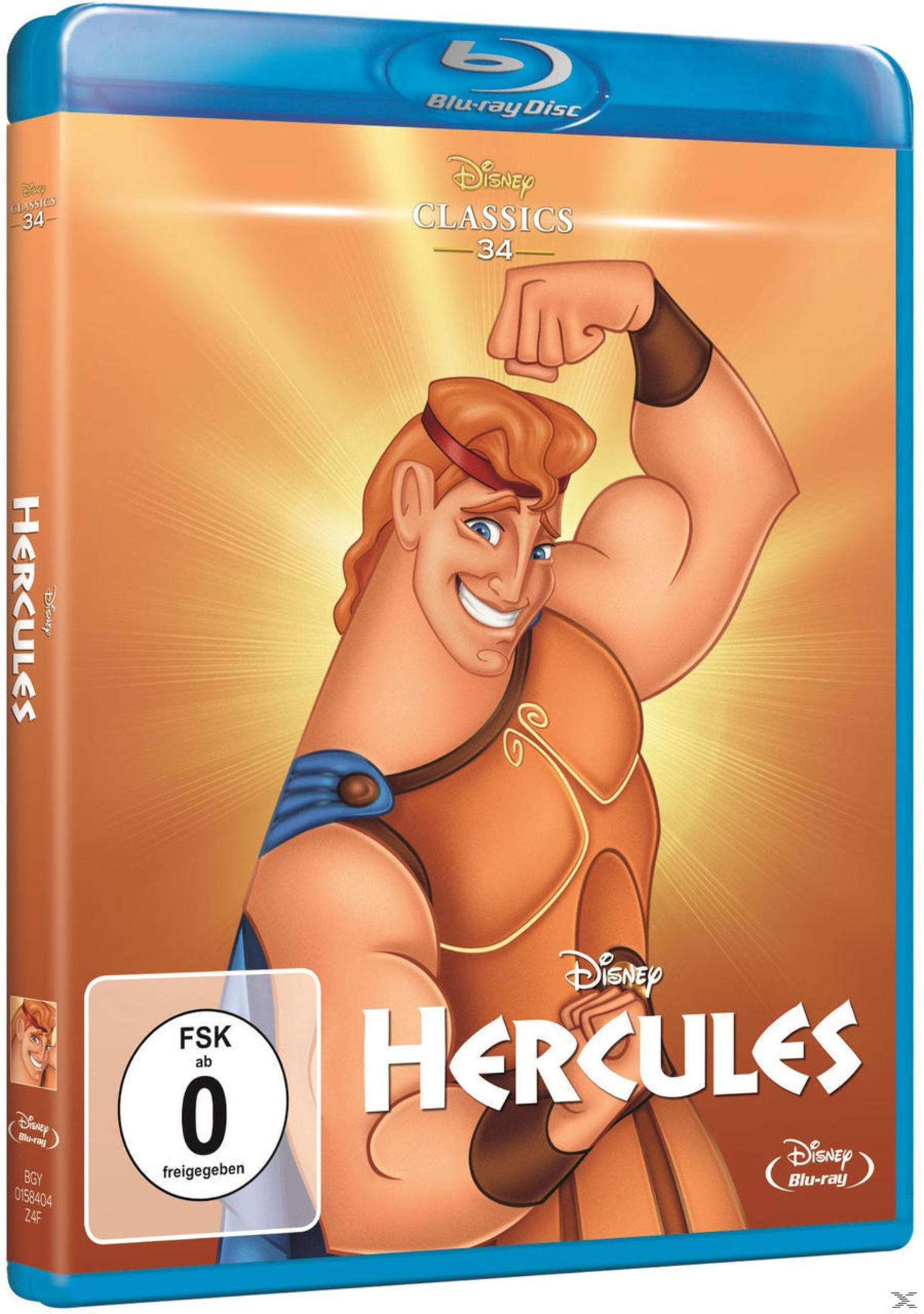 Hercules Blu-ray-Hülle mit Hercules vor goldenem Hintergrund und Disney-Logo.