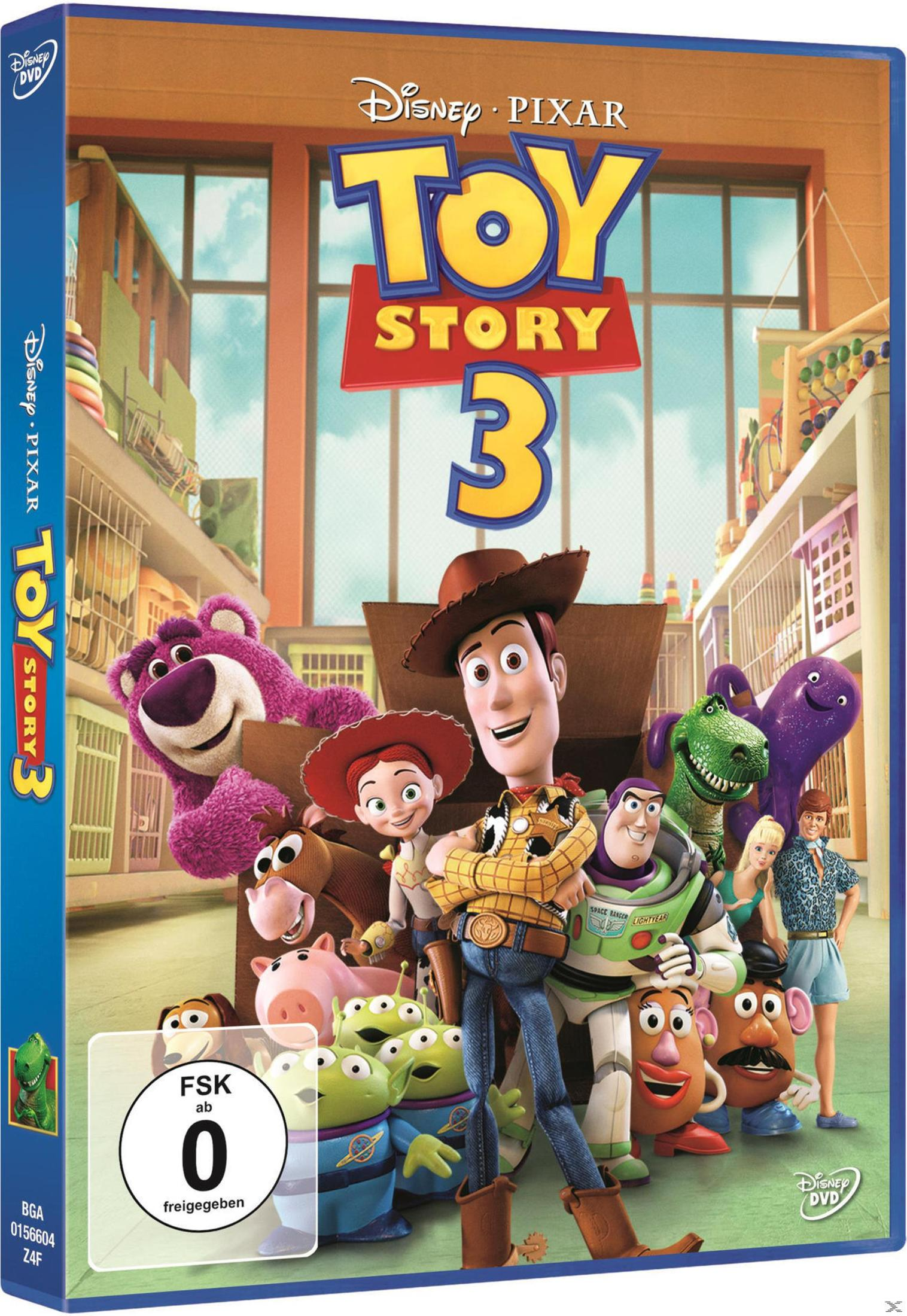 Toy Story 3 DVD-Cover mit Woody, Buzz Lightyear und anderen Charakteren in einem Spielzeugladen.