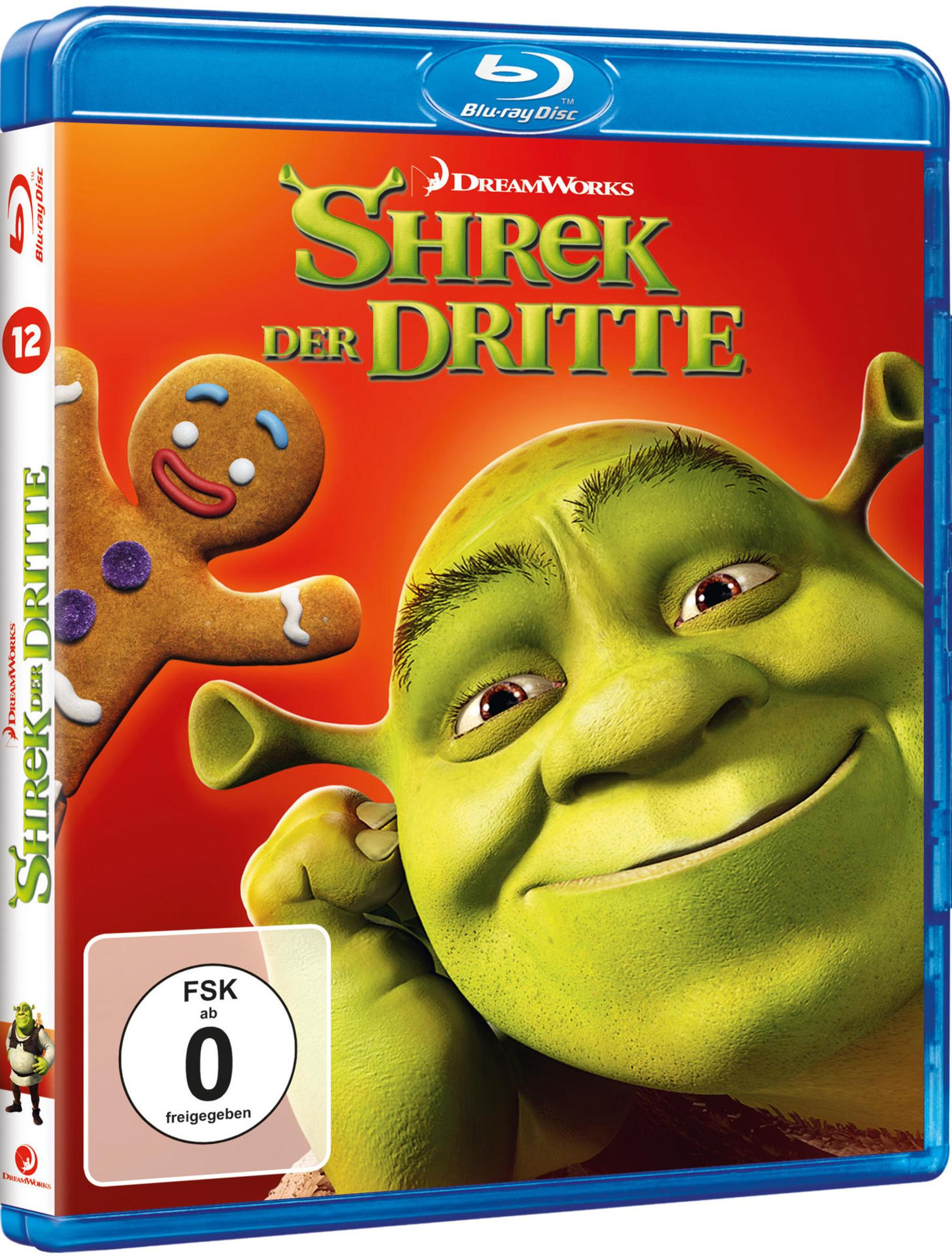 Shrek der Dritte Blu-ray-Cover mit Shrek und dem Lebkuchenmann vor rotem Hintergrund.