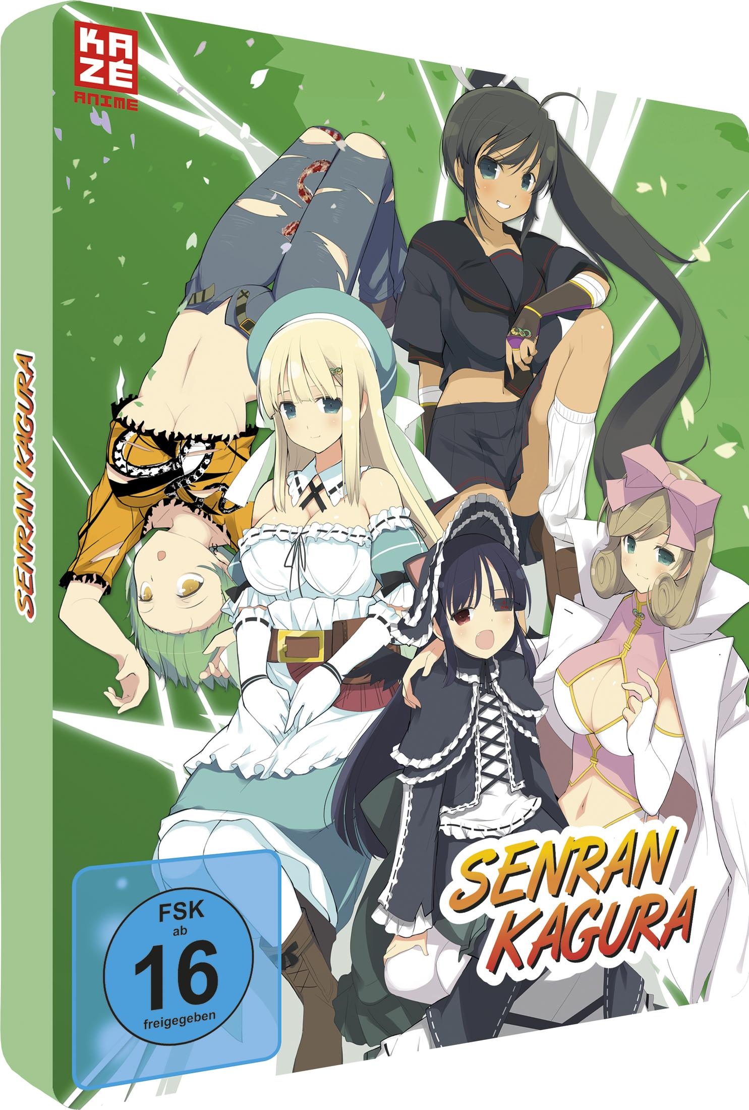 Anime-DVD-Cover mit fünf jungen Frauen vor einem grünen Hintergrund und FSK-16-Logo.