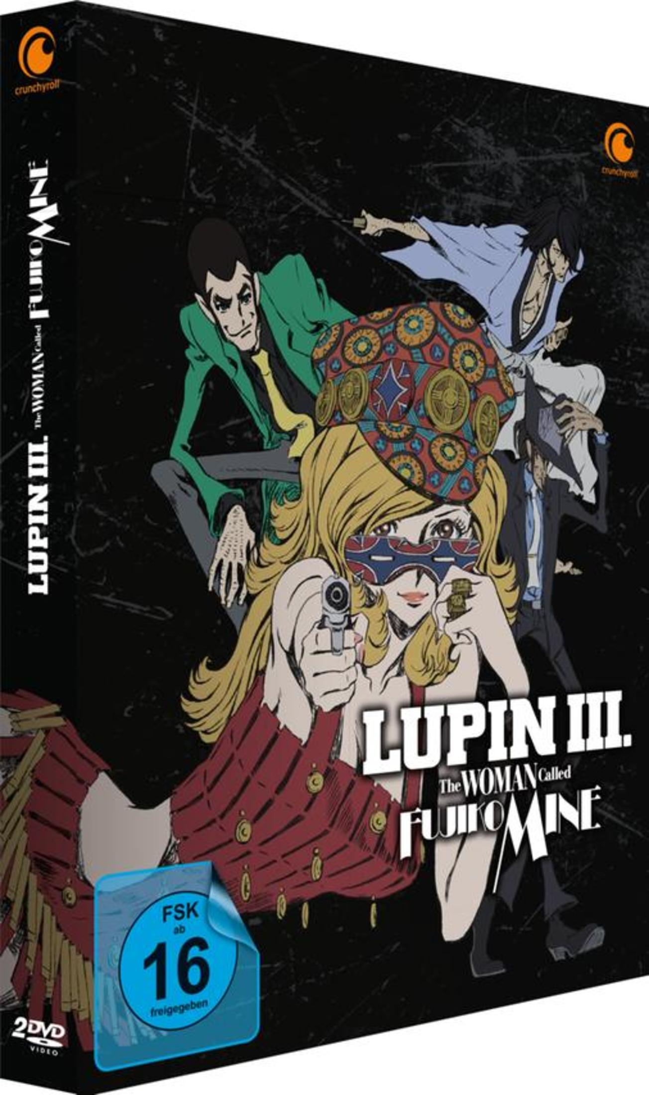 DVD-Cover von Lupin III: The Woman Called Fujiko Mine, mit Fujiko im Vordergrund, die eine Waffe auf den Betrachter richtet.