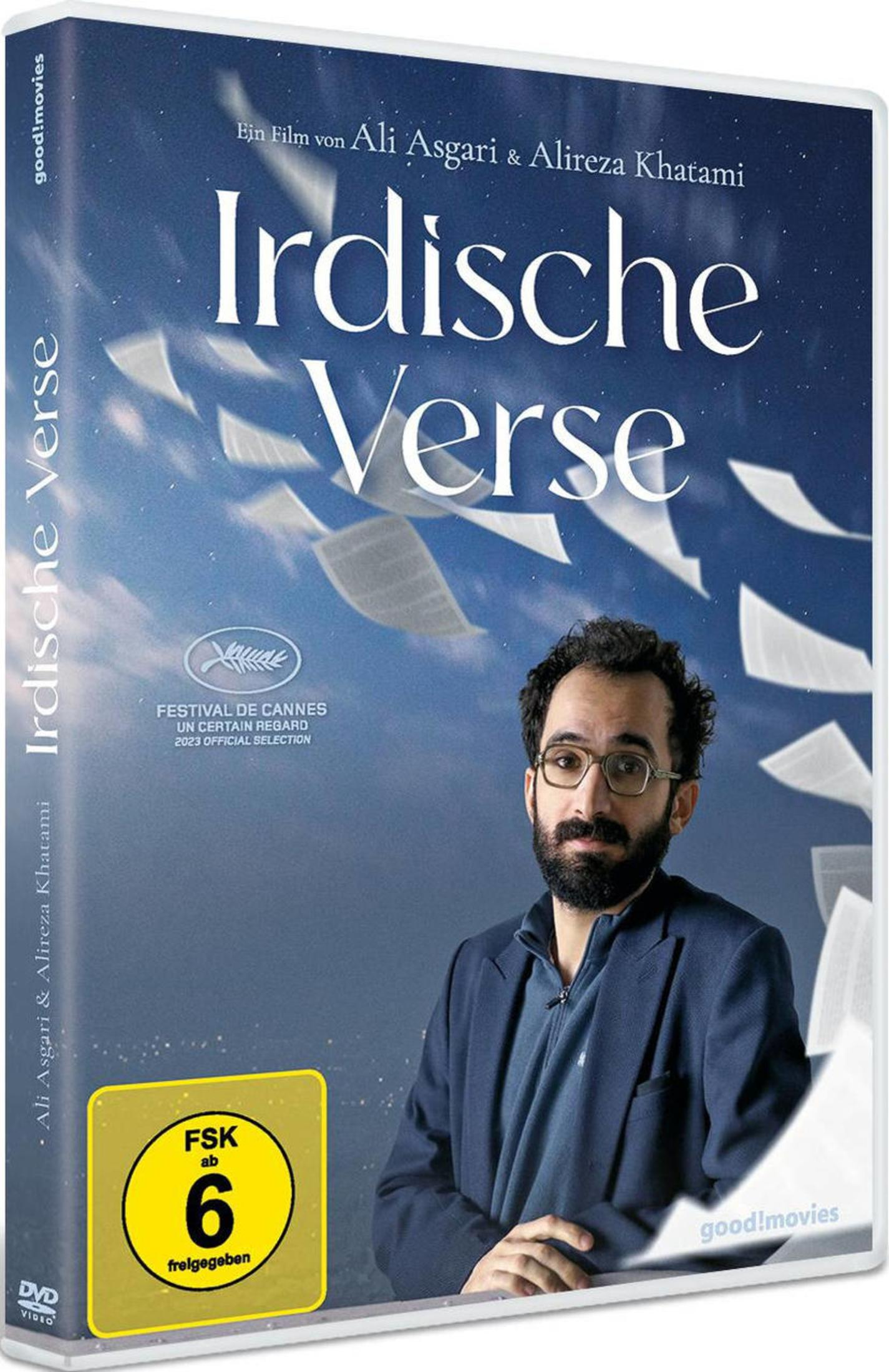 DVD-Hülle für Irdische Verse mit einem bärtigen Mann in Brille vor einem Himmel mit fallendem Papier.
