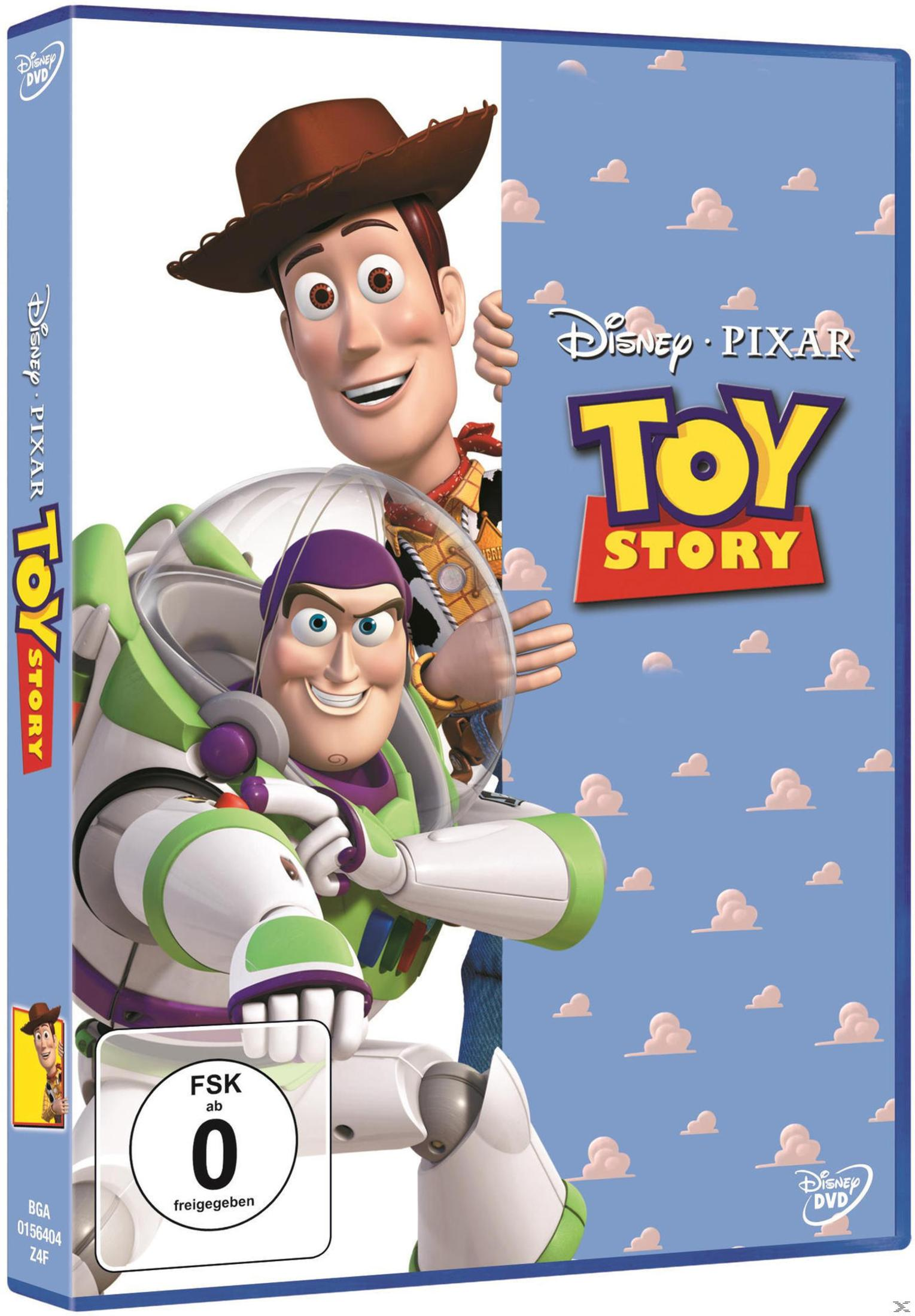 DVD-Cover von Toy Story mit Woody und Buzz Lightyear vor einem blau-weißem Wolkenhintergrund.