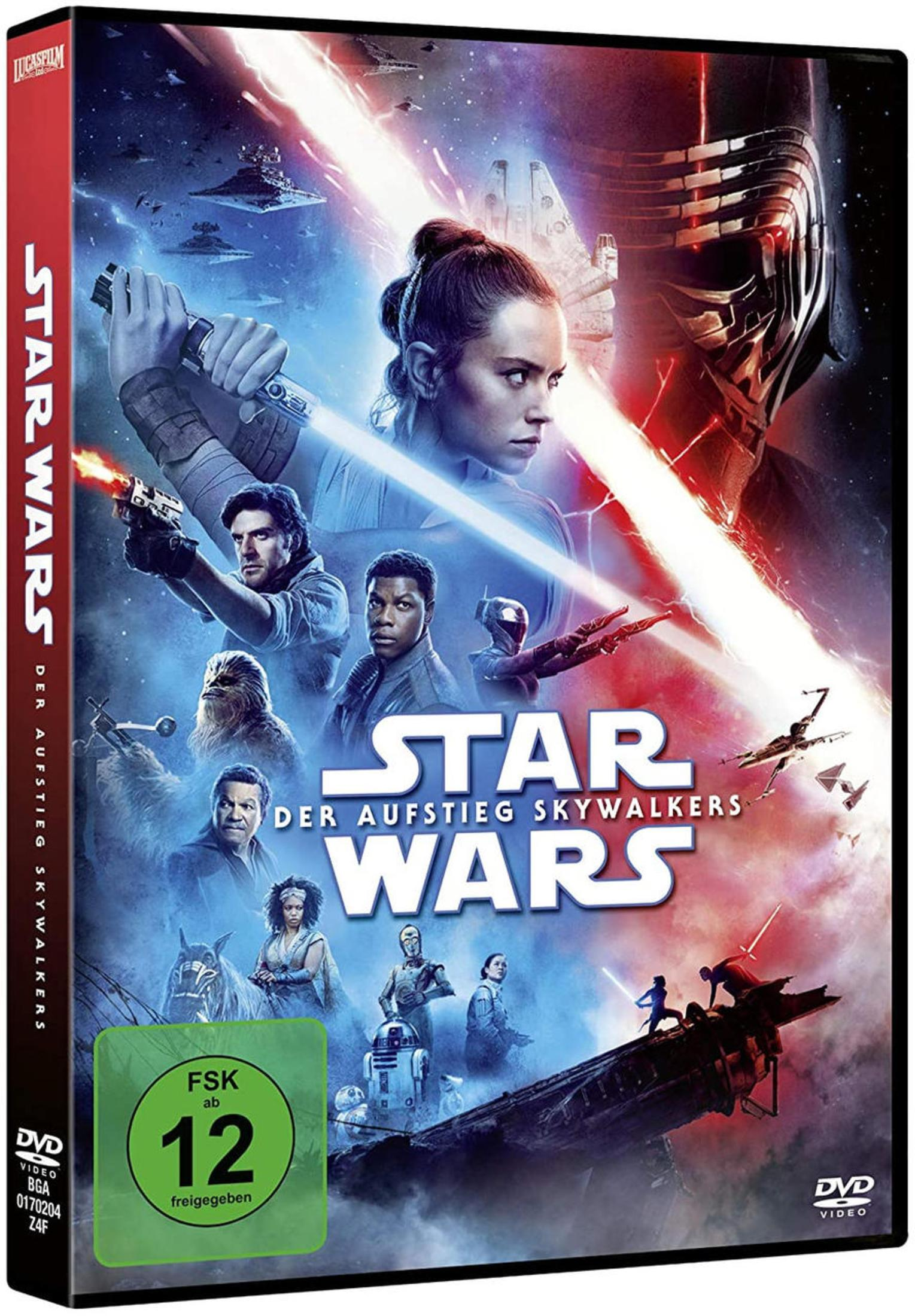 Star Wars: Der Aufstieg Skywalkers DVD-Cover mit Charakteren, Raumschiffen und Laserschwertern.