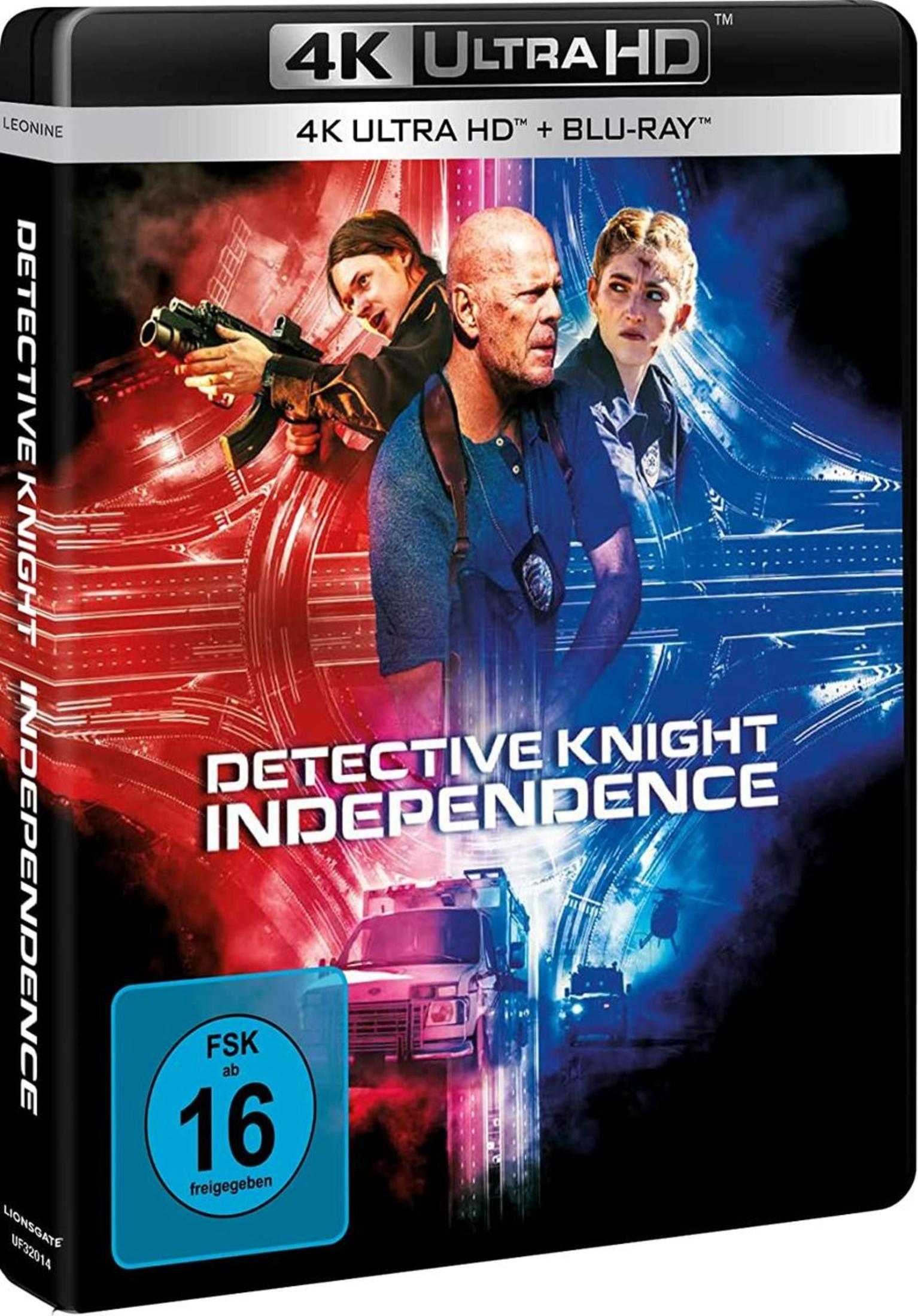 DVD-Cover von Detective Knight Independence mit Bruce Willis und Polizei-Elementen auf rot-blauem Hintergrund.
